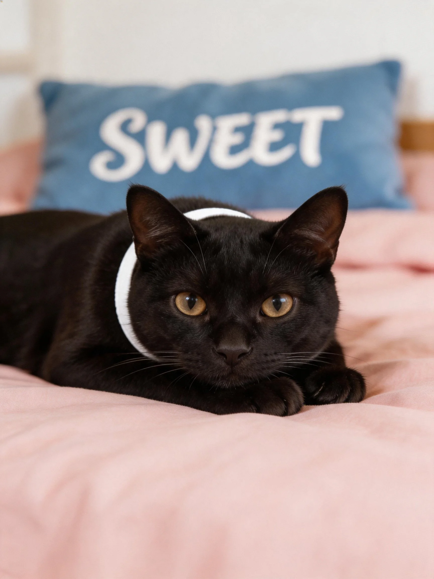 A glossy black cat relaxes on a pink bed near a blue decorative pillow.
