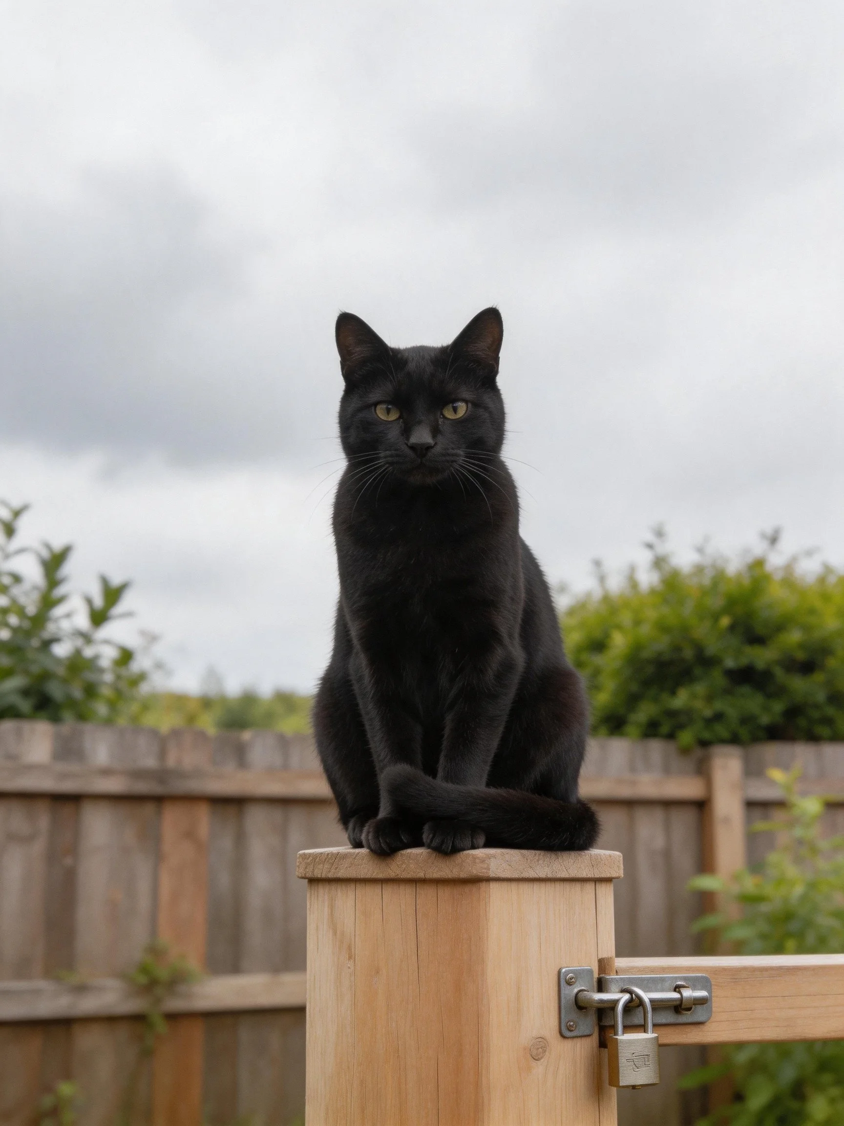A glossy black cat sits on a wooden fence post