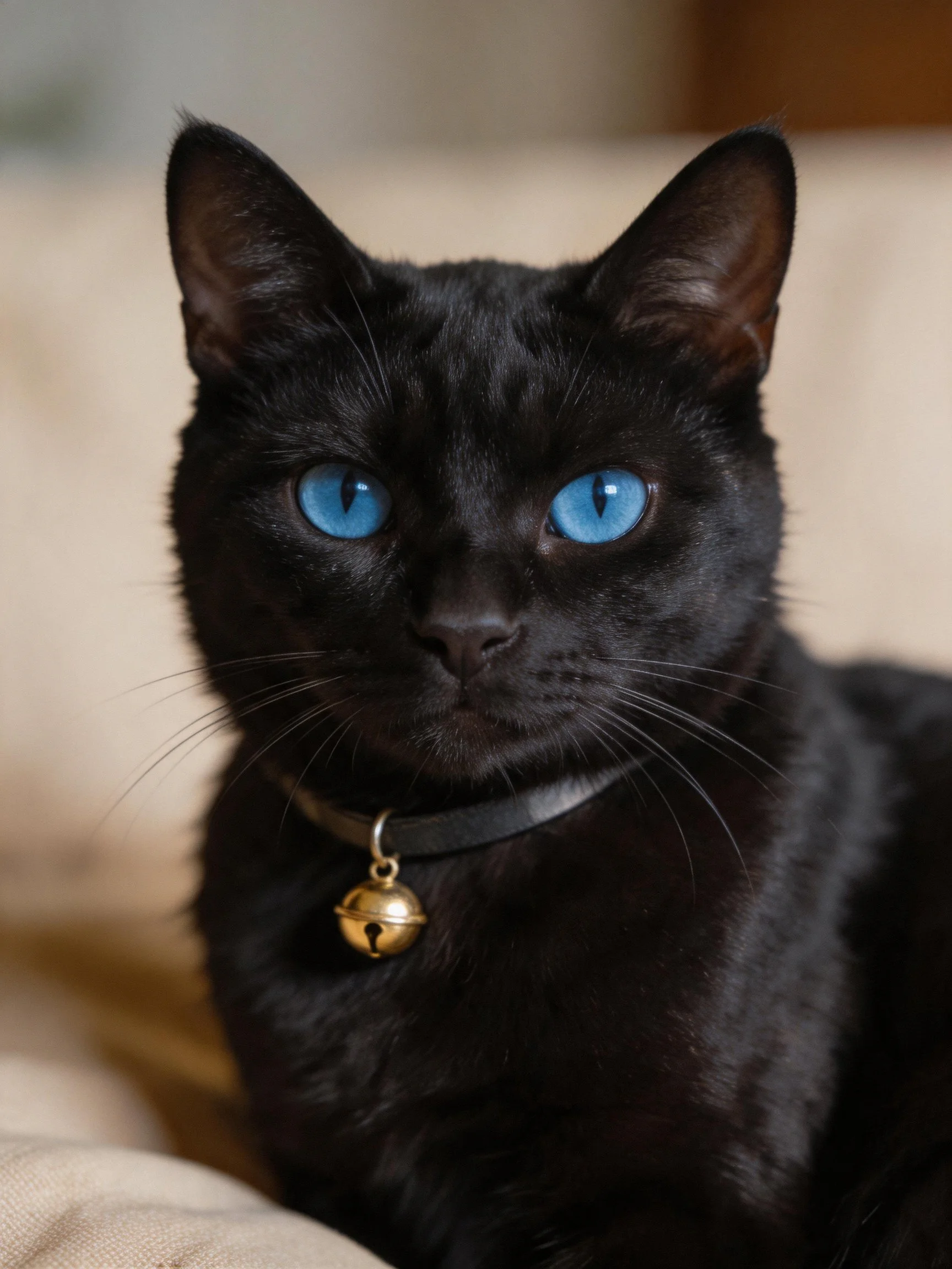 A glossy black cat with bright blue eyes rests indoors.