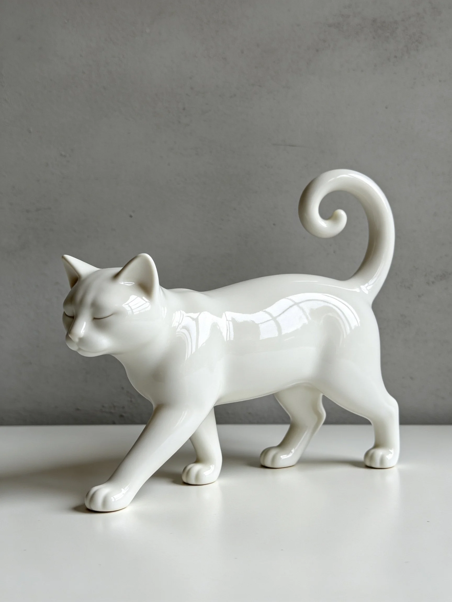 A glossy white ceramic cat figurine with a curled tail