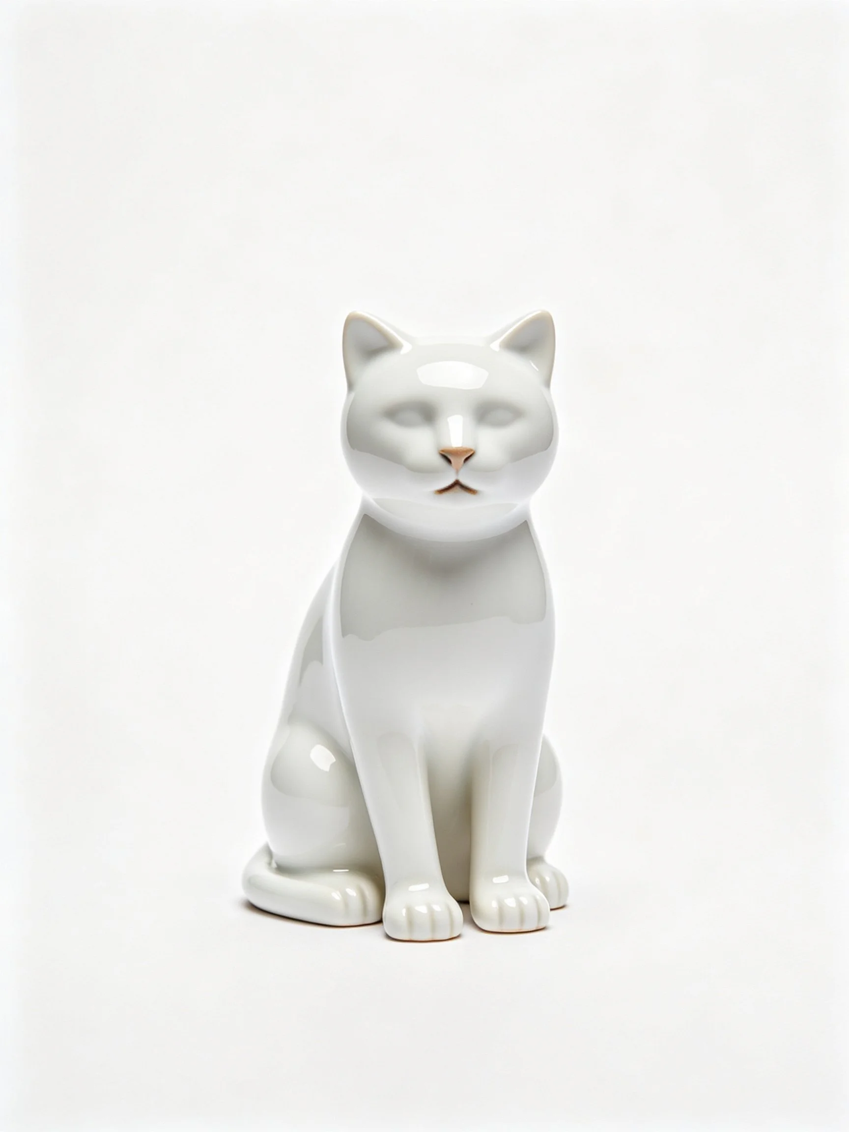 A glossy white ceramic cat sculpture posed in a sitting position