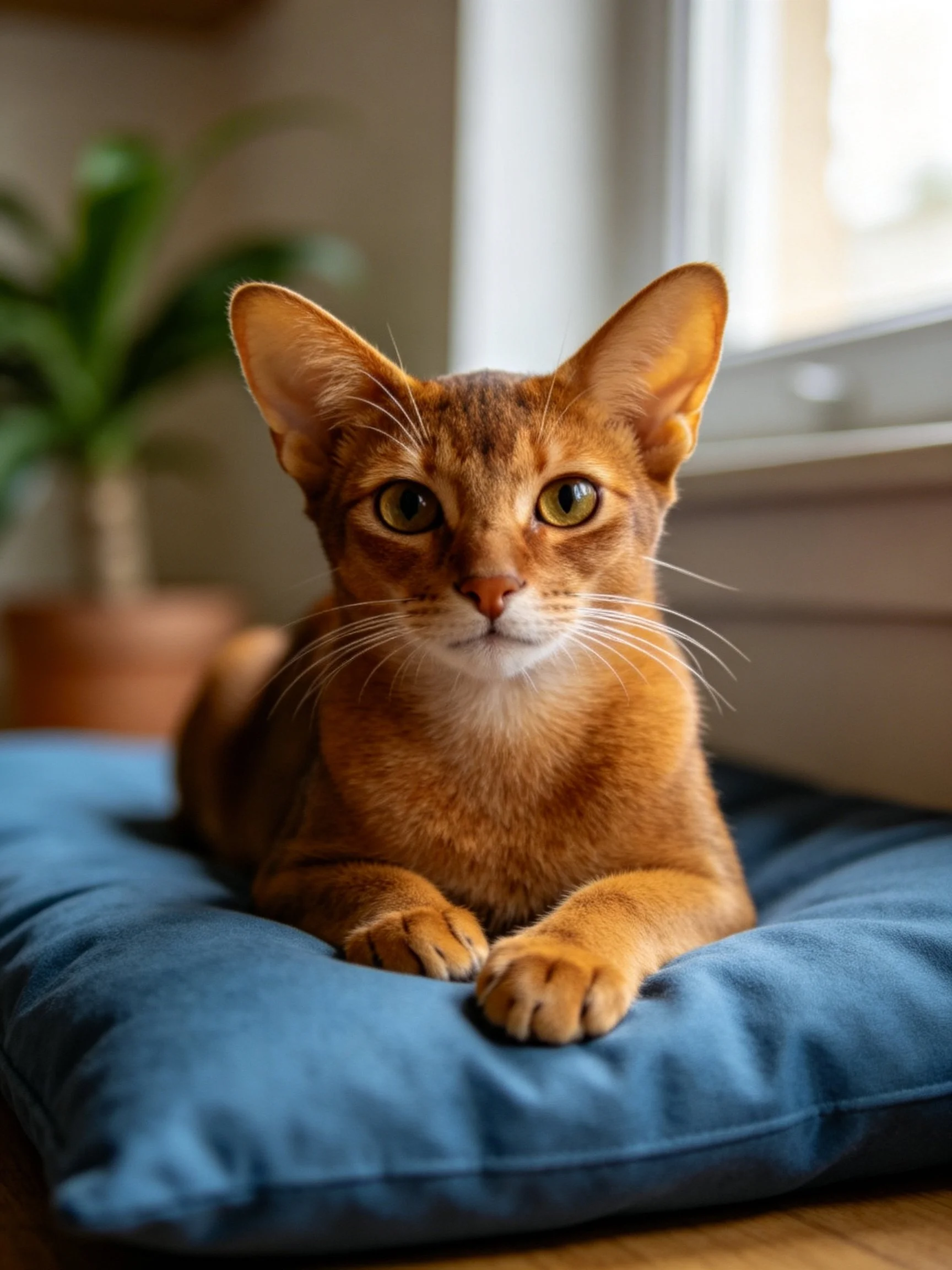 A golden Abyssinian cat rests on a blue cushion near a window