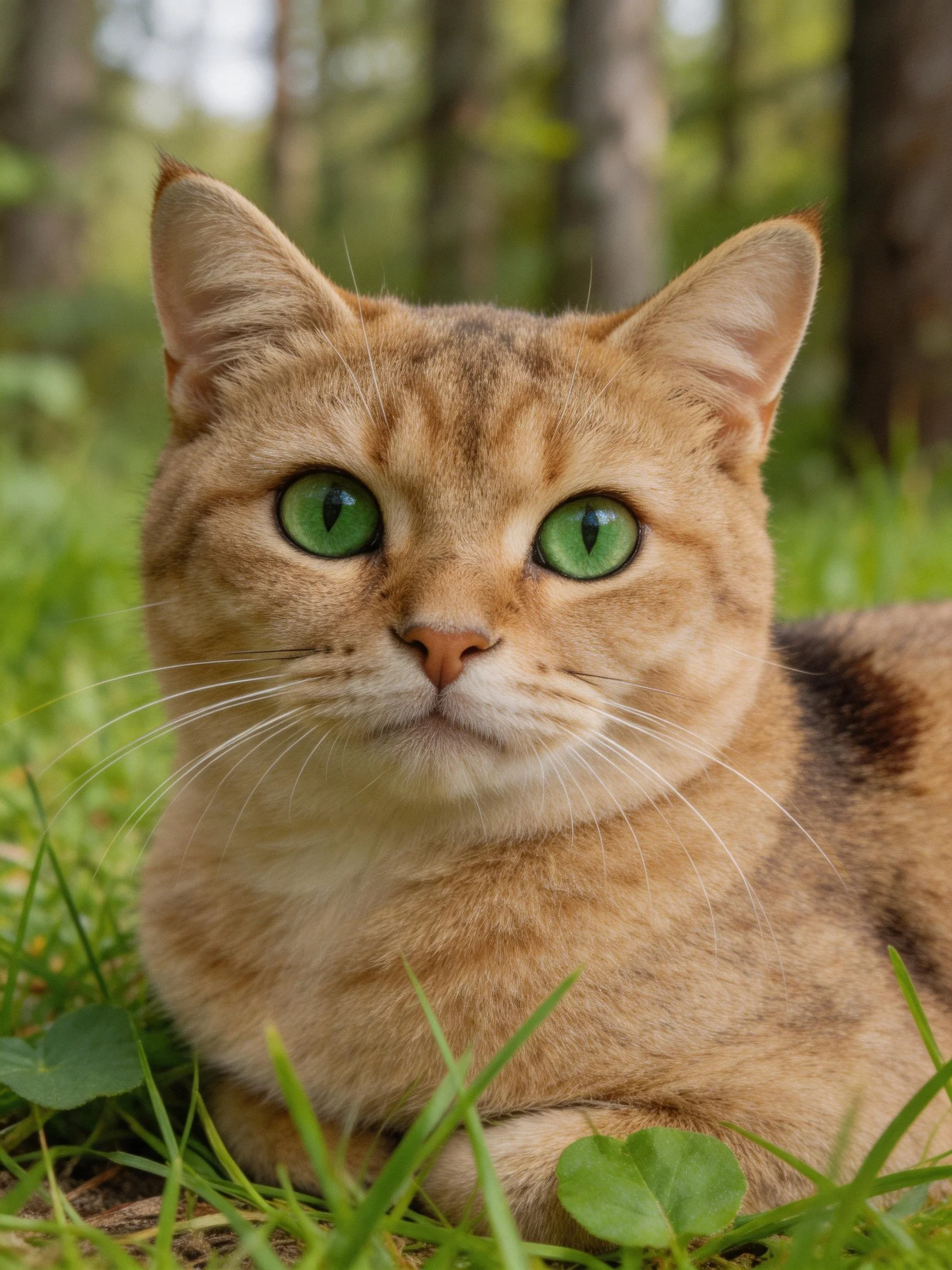 A golden - brown cat with bright green eyes relaxes on grass in a natural setting