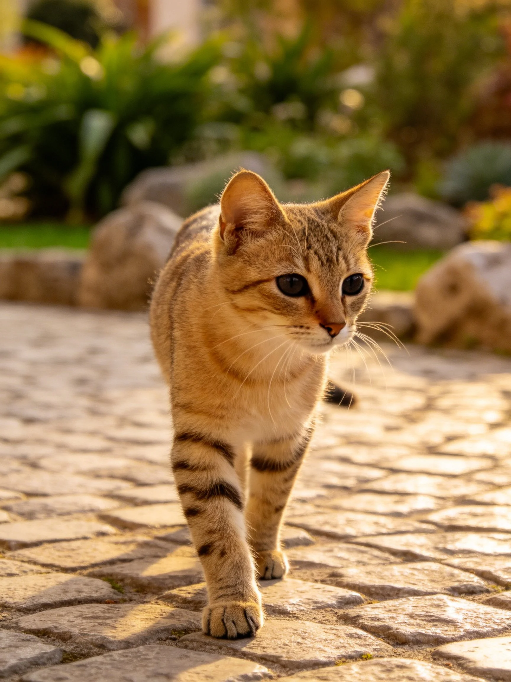 A golden-brown tabby cat walks on sunlit cobblestones in an outdoor garden.