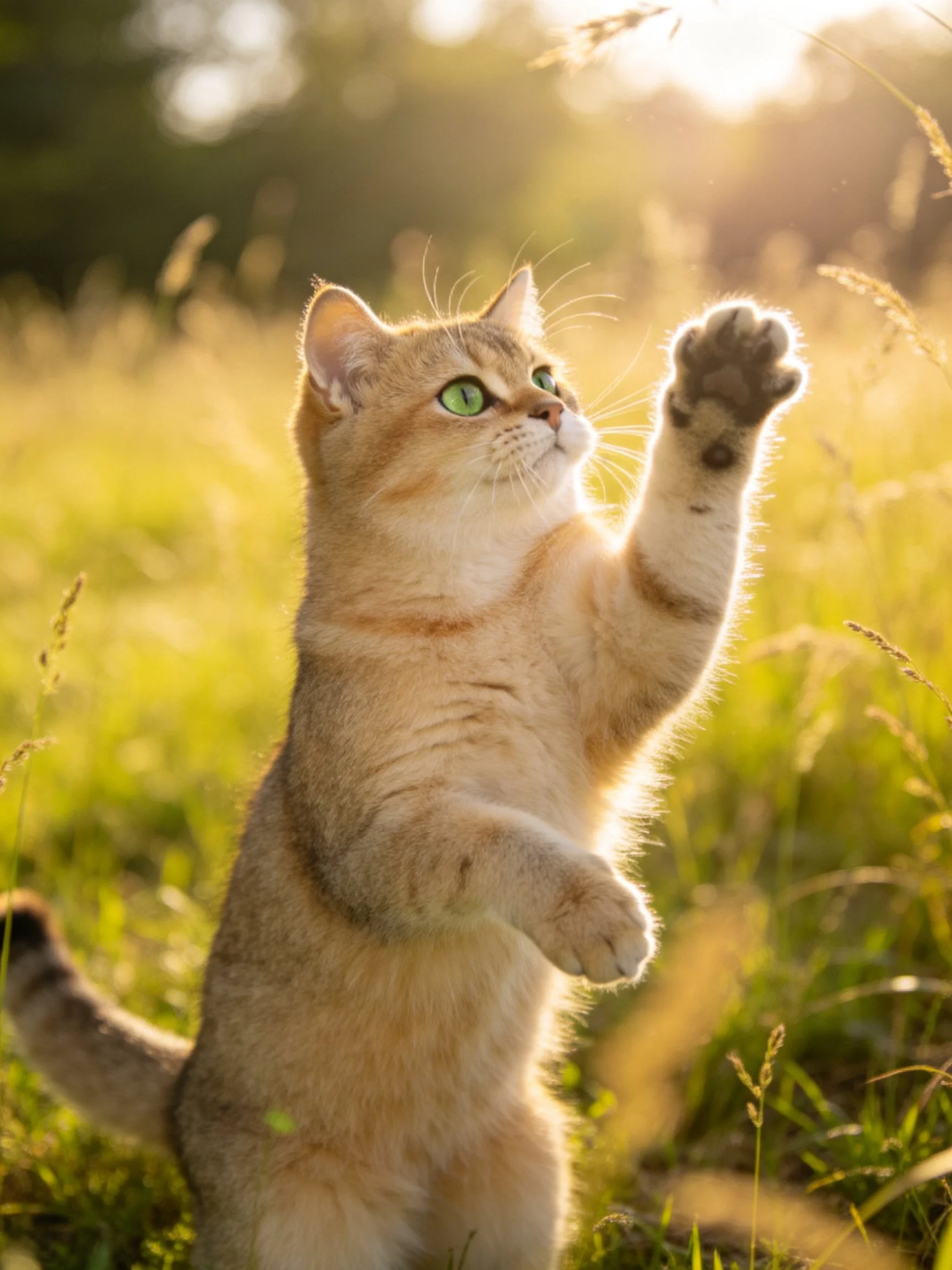 A golden cat with green eyes reaches toward tall grass under sunlight
