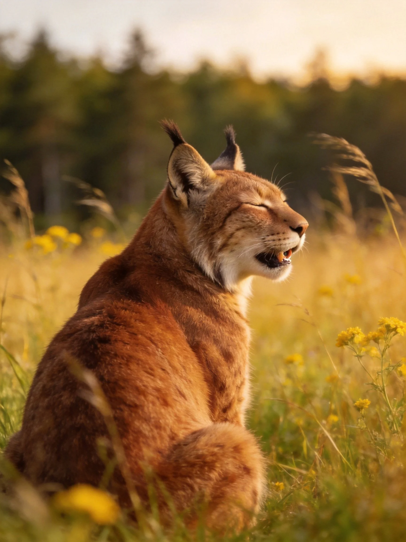 A golden-furred wildcat sits in a sunlit meadow