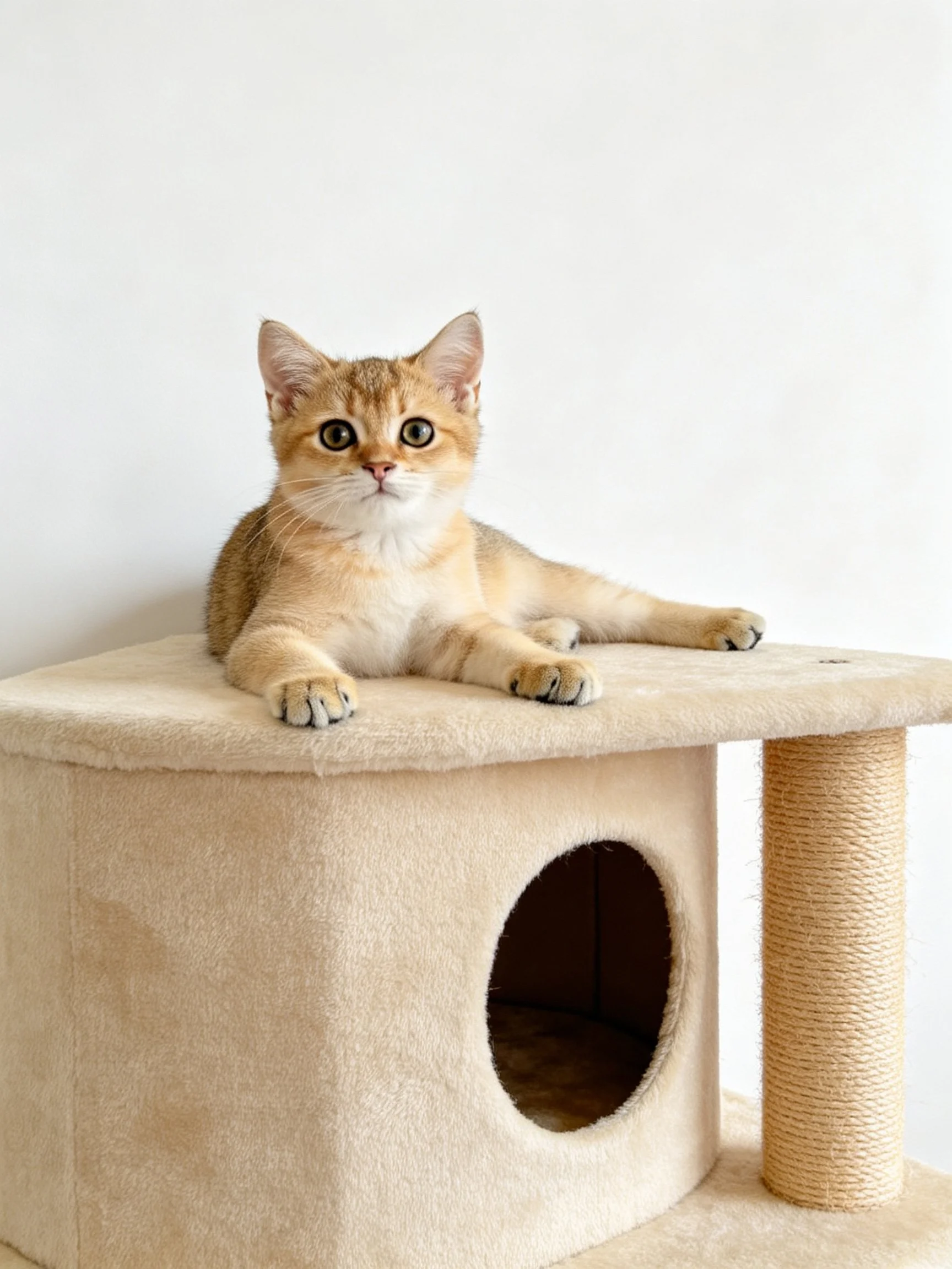 A golden kitten lounges on a plush beige cat tree structure