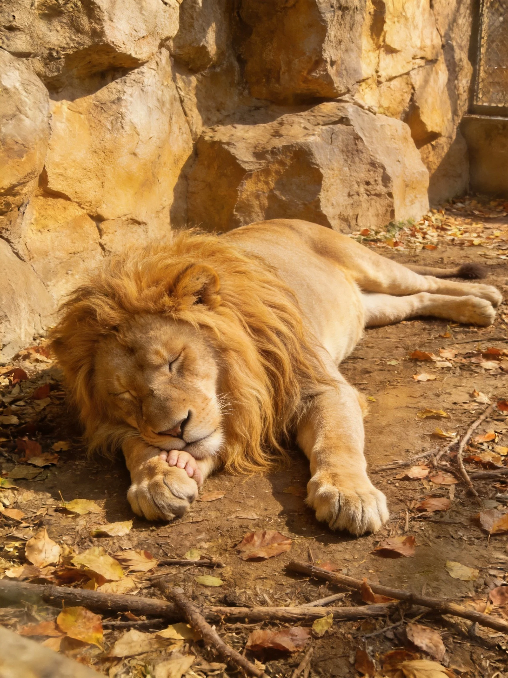 A golden lion rests against a rocky wall amid fallen autumn leaves