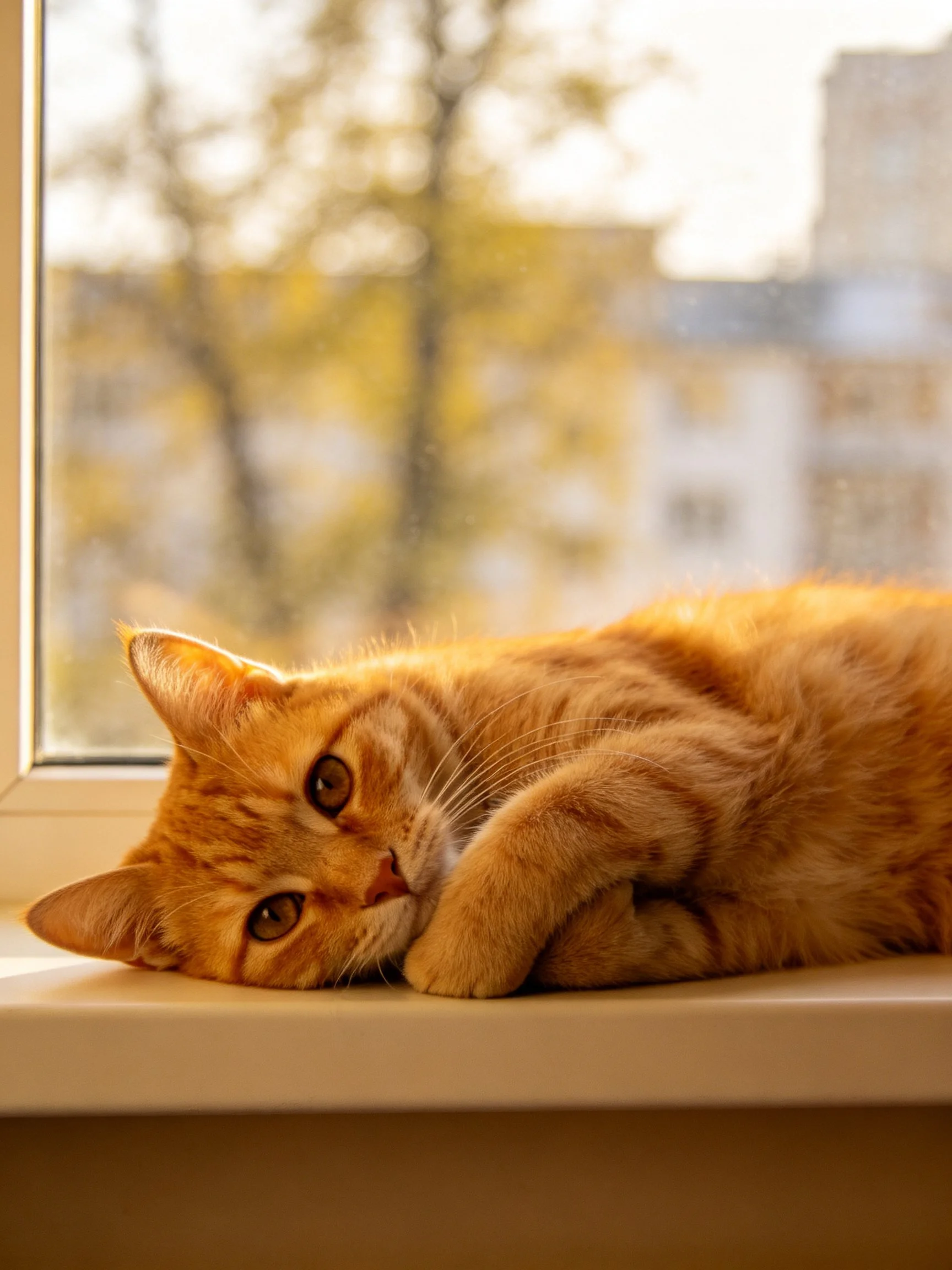 A golden-orange cat lounging on a sunlit windowsill