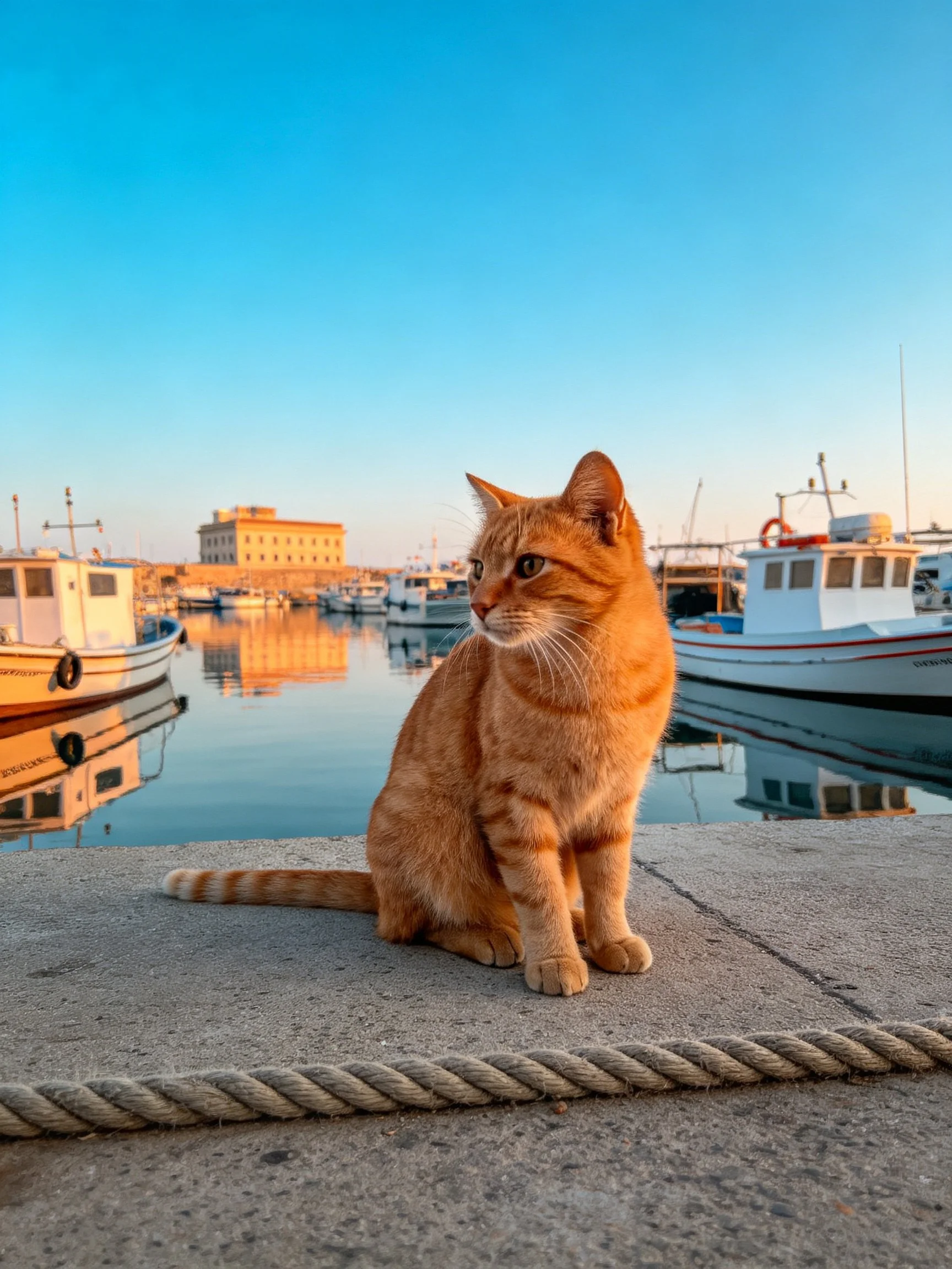 A golden-orange cat sits near a marina with moored boats.