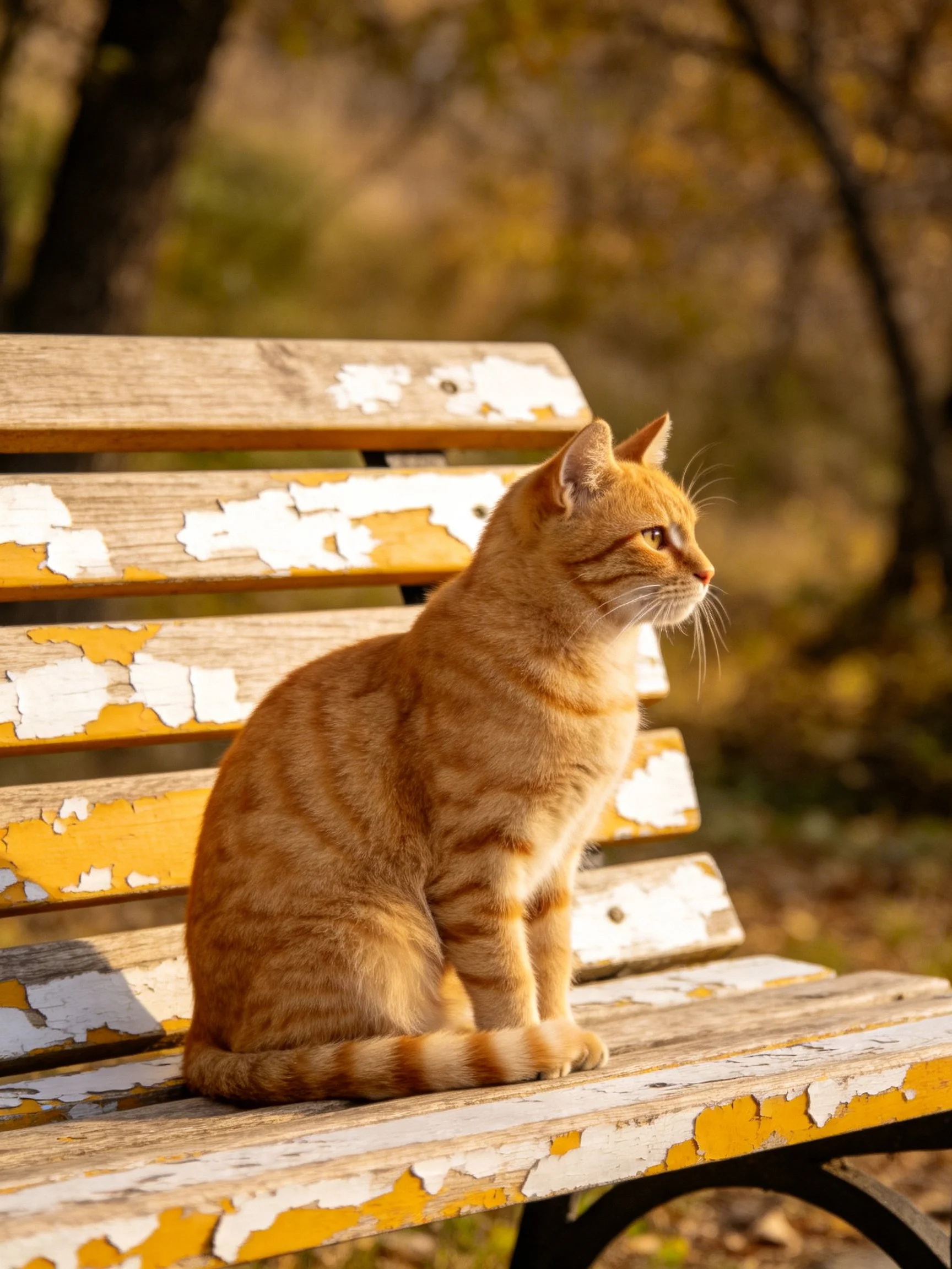A golden-orange cat sits on a peeling wooden park bench