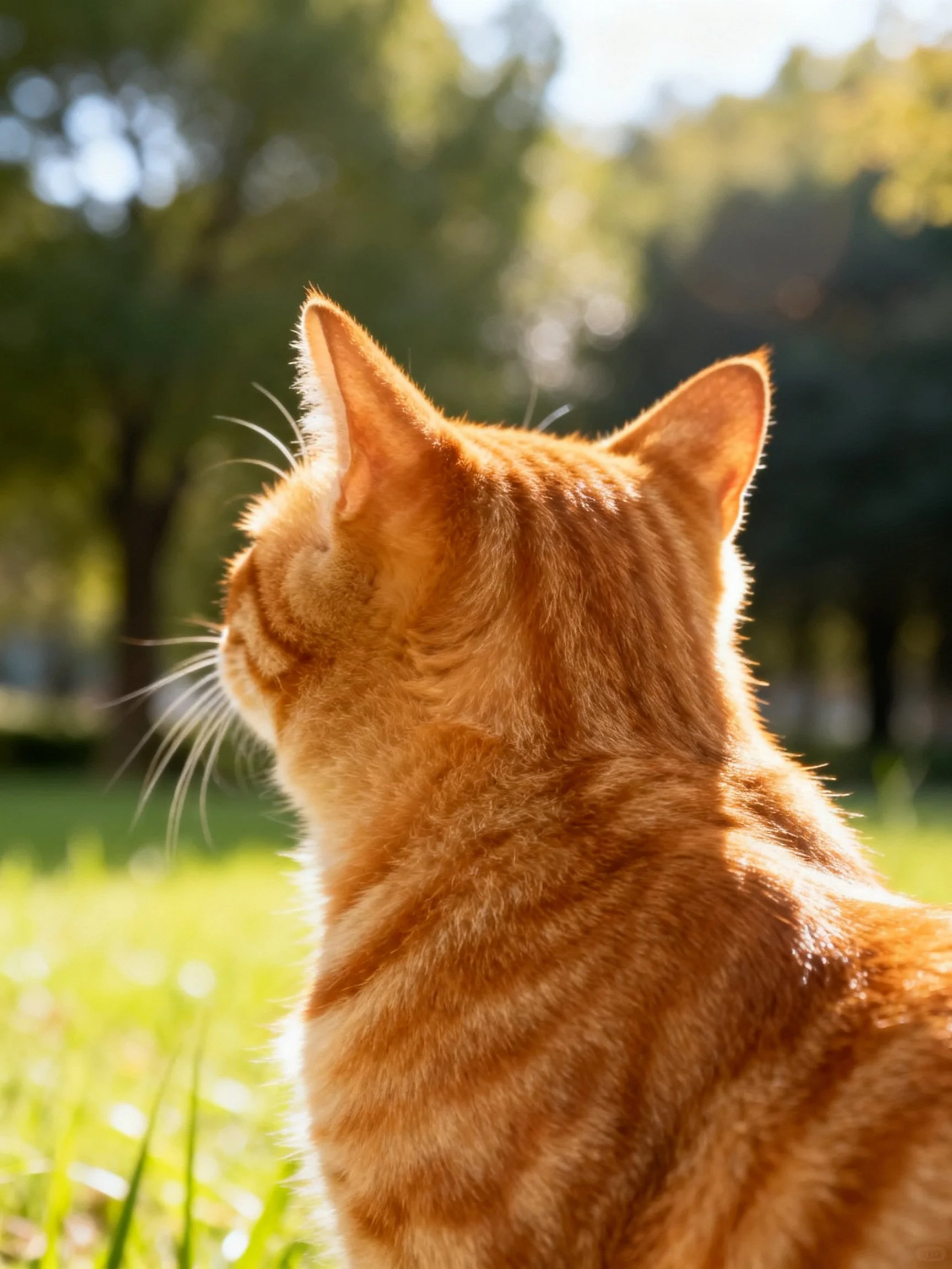 An orange tabby cat gazes toward a sunlit green area.