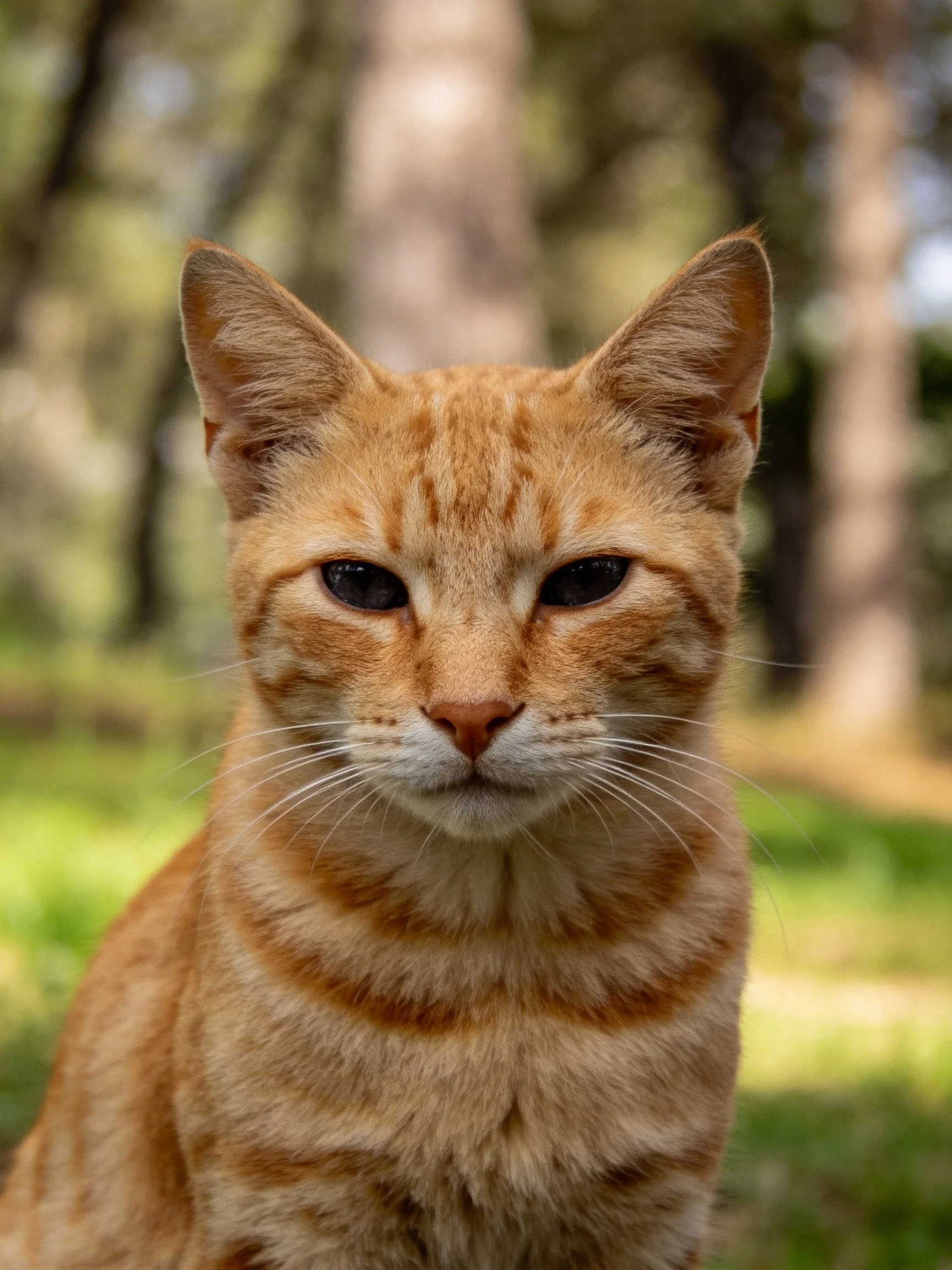 A golden-orange tabby cat sits calmly among blurred trees.