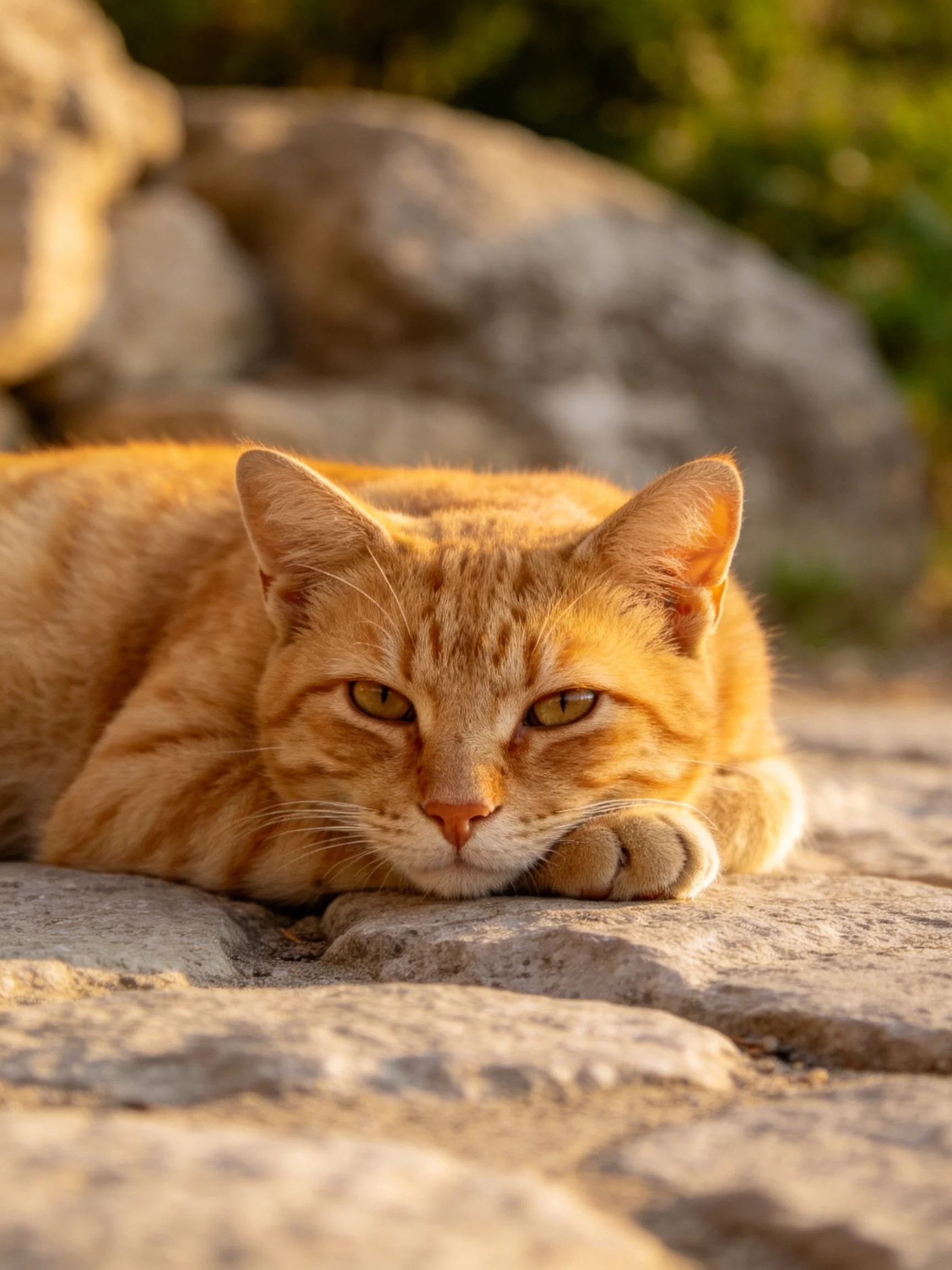 A golden-orange tabby cat lounges on aged stone pavement