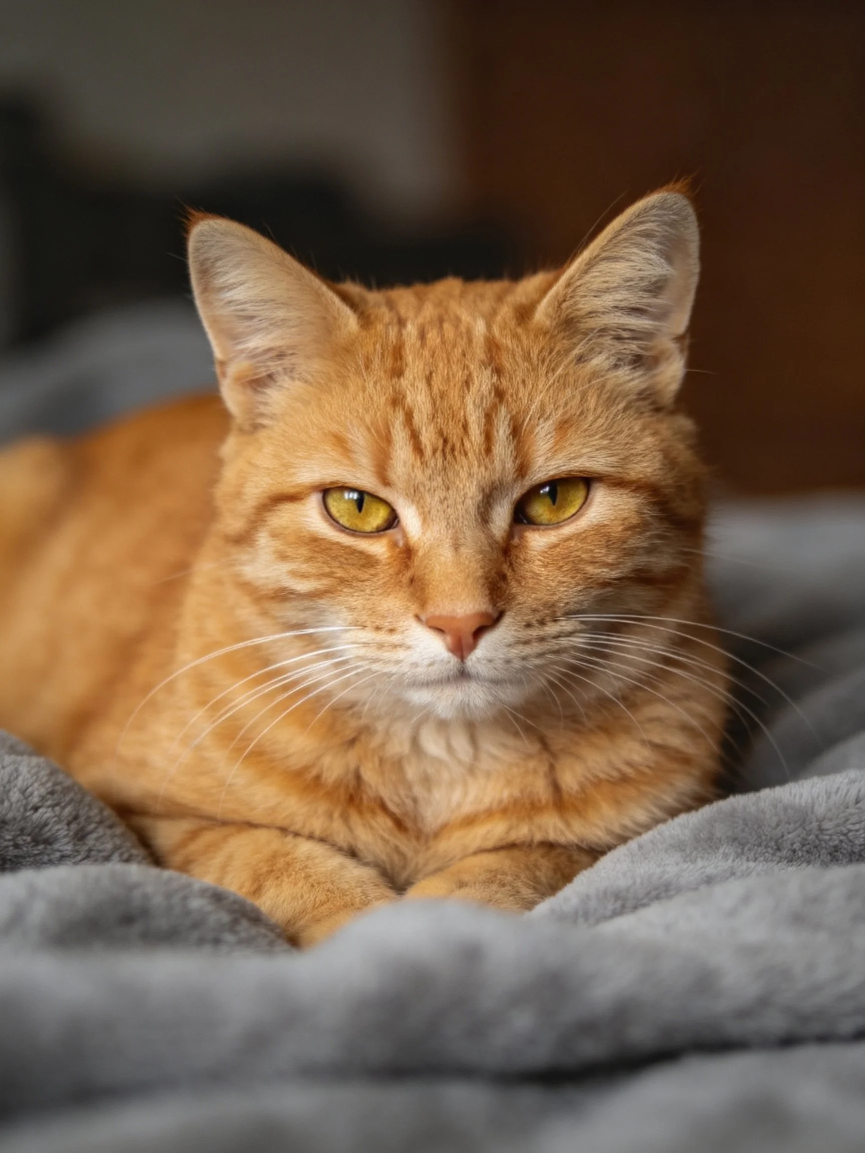 A golden-orange tabby cat lounging on a soft gray blanket