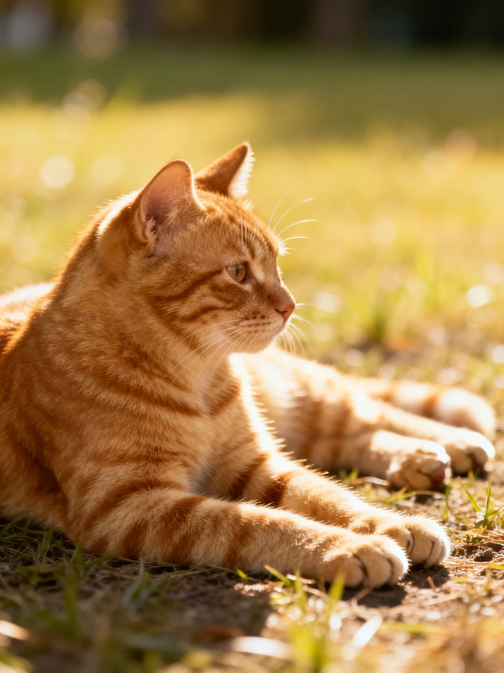 An orange tabby cat relaxes on sunlit grass in a sunlit outdoor area.