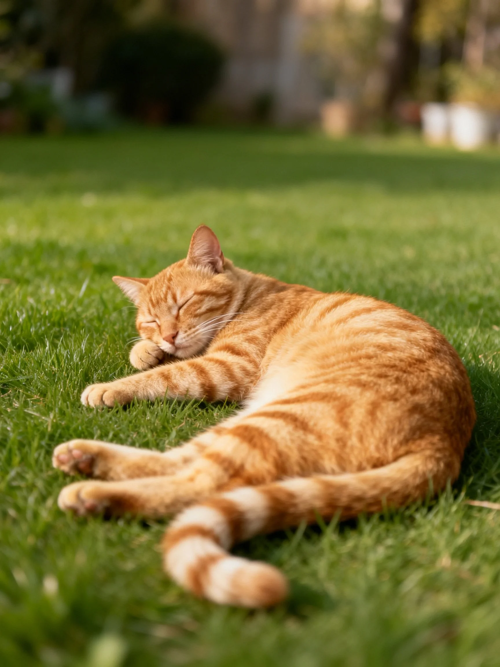A golden-orange tabby cat sleeps peacefully on green grass in a sunny outdoor setting.