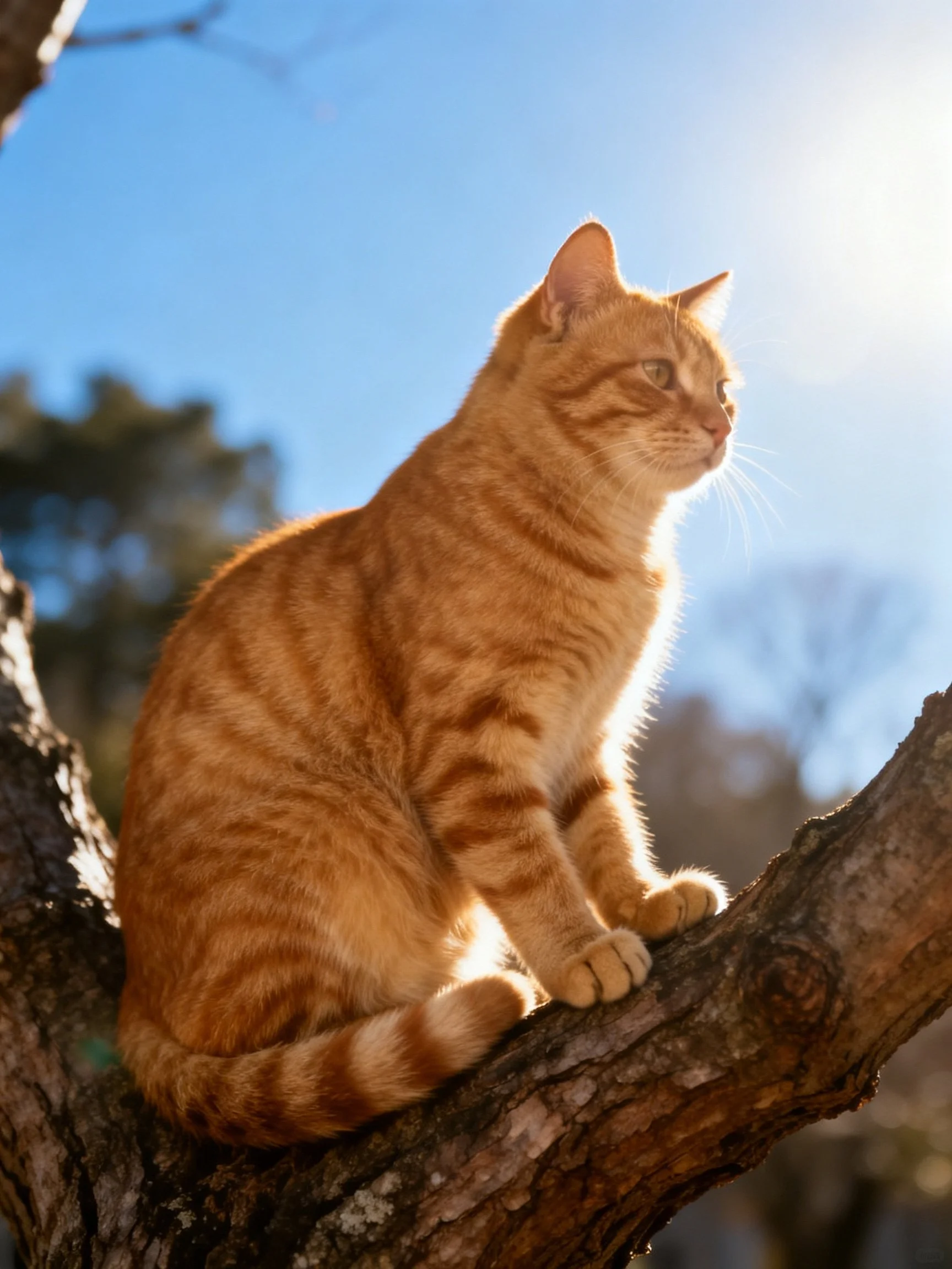 A golden-orange tabby cat perches on a gnarled tree branch under bright sunlight.