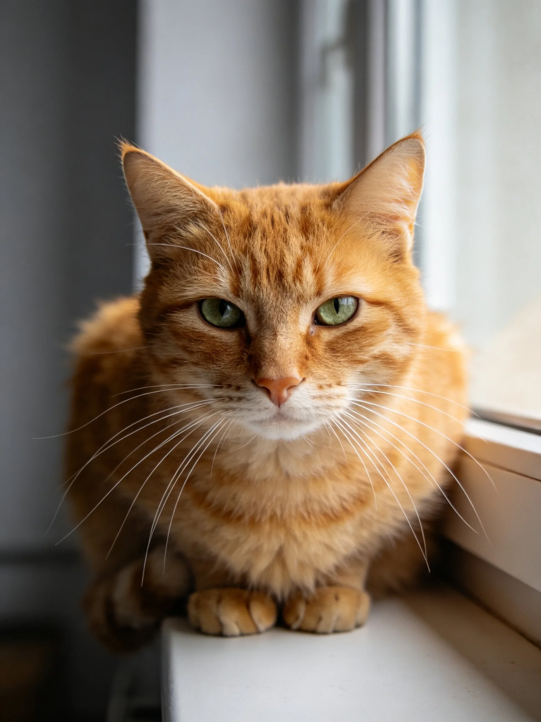 A golden-orange tabby cat resting on a bright windowsill