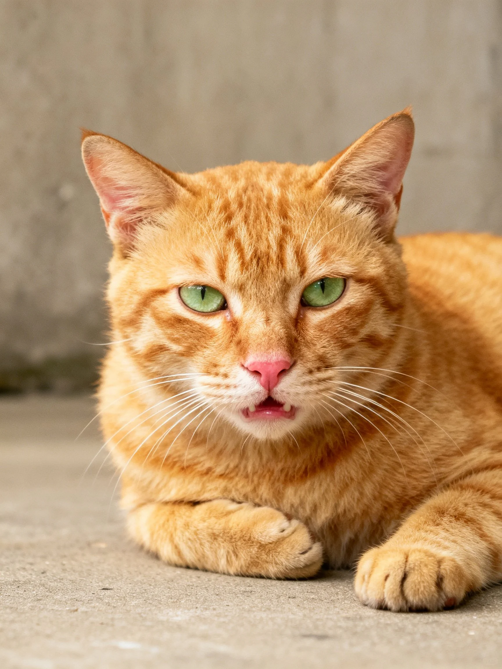 A golden-orange tabby cat resting on a concrete surface