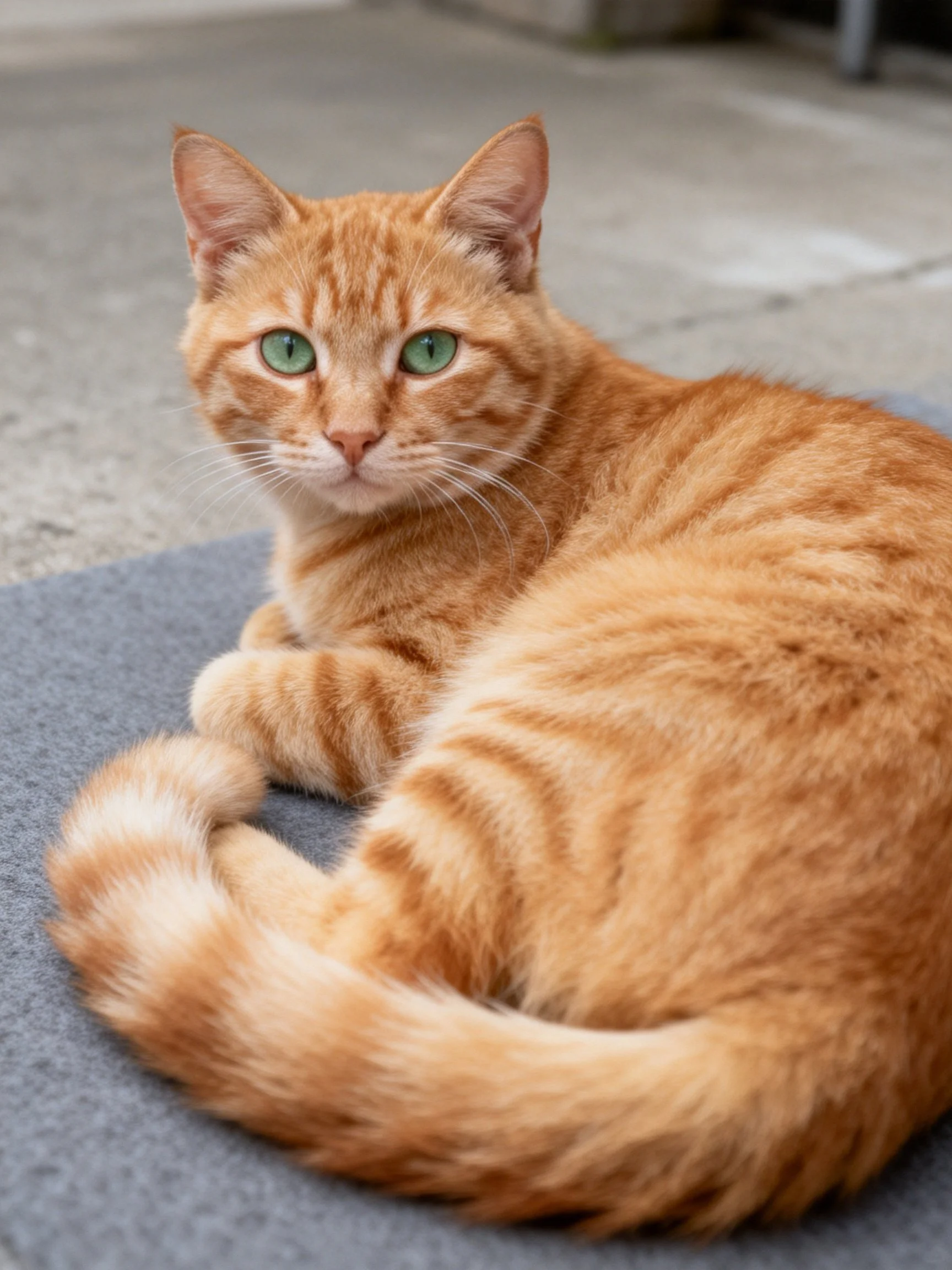 A golden-orange tabby cat resting on a gray mat outdoors