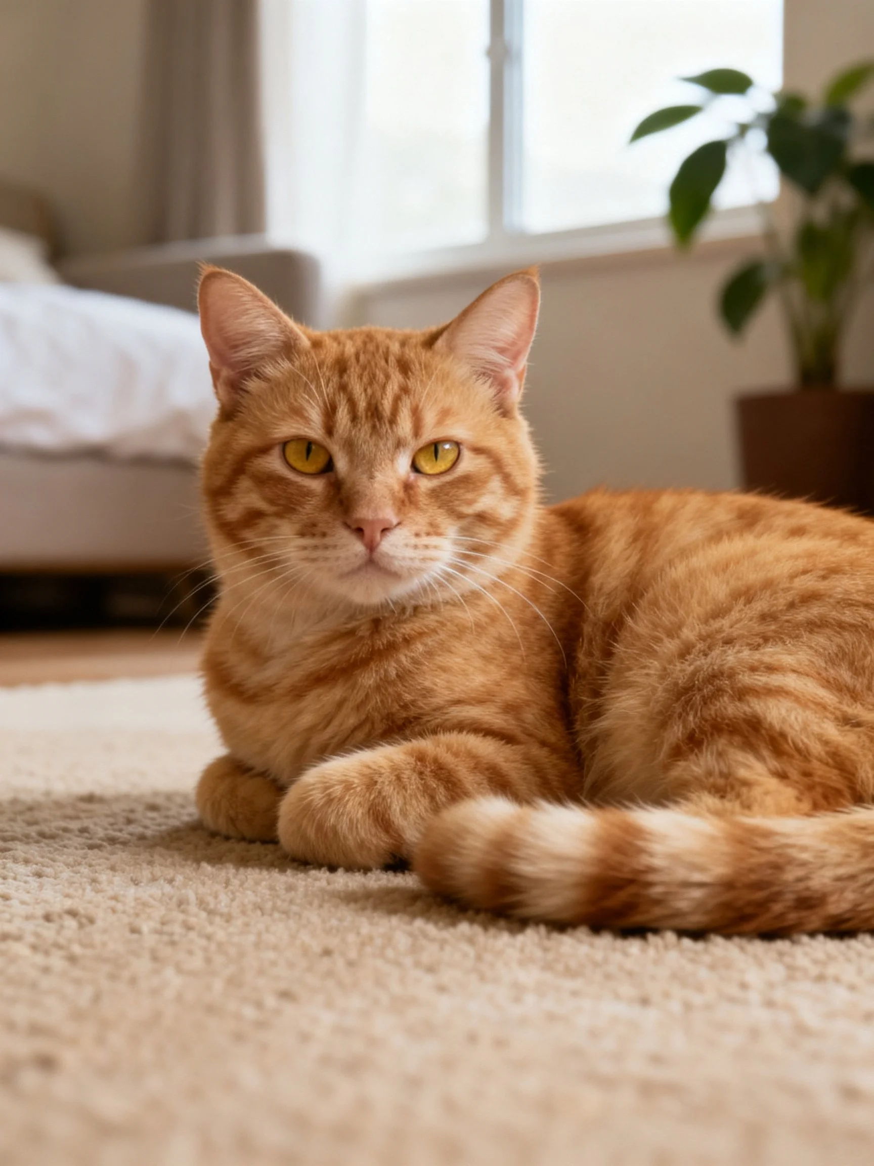 A golden-orange tabby cat resting on a plush carpet indoors