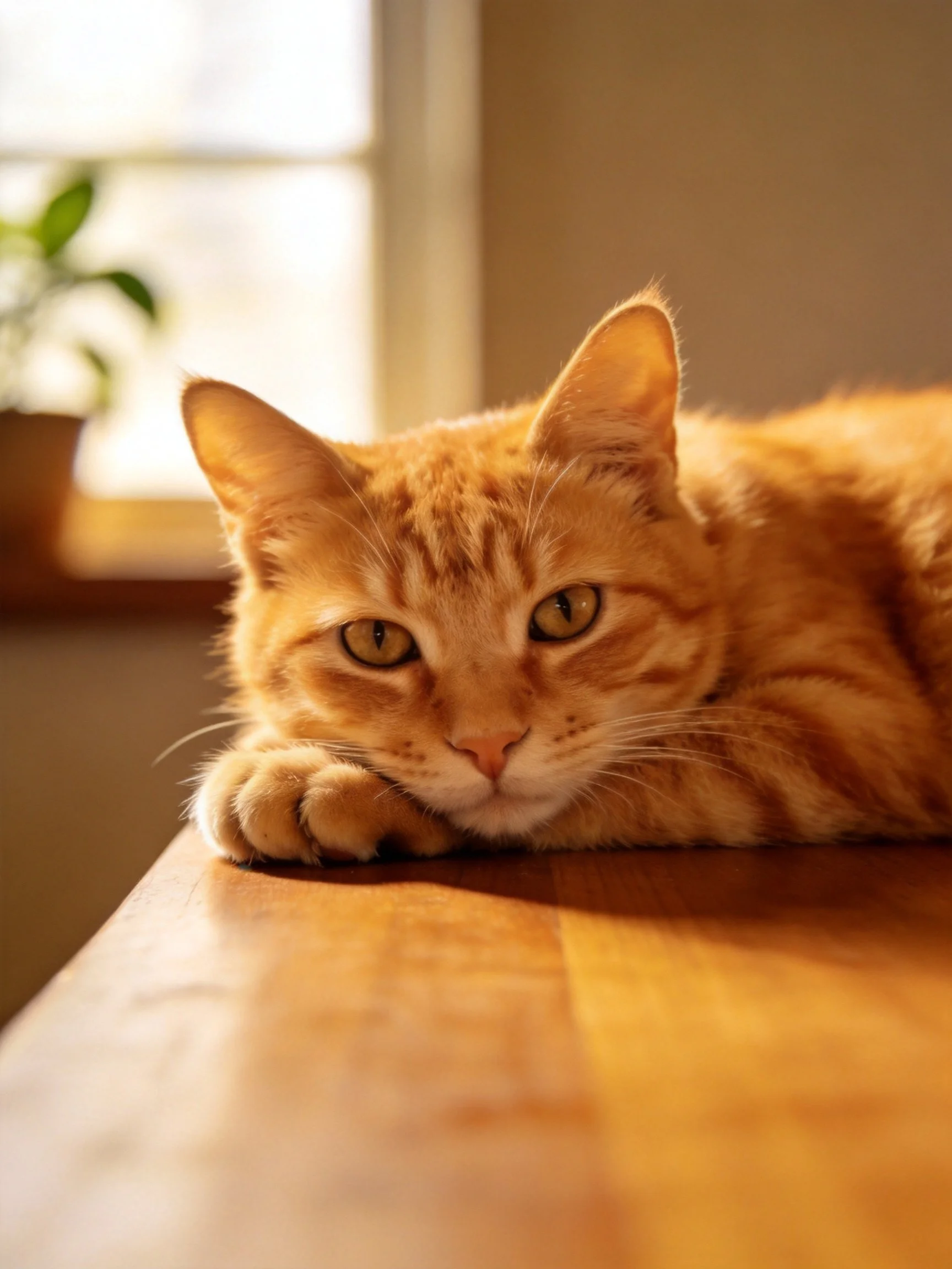 A golden-orange tabby cat resting on a polished wooden table by a sunlit window.