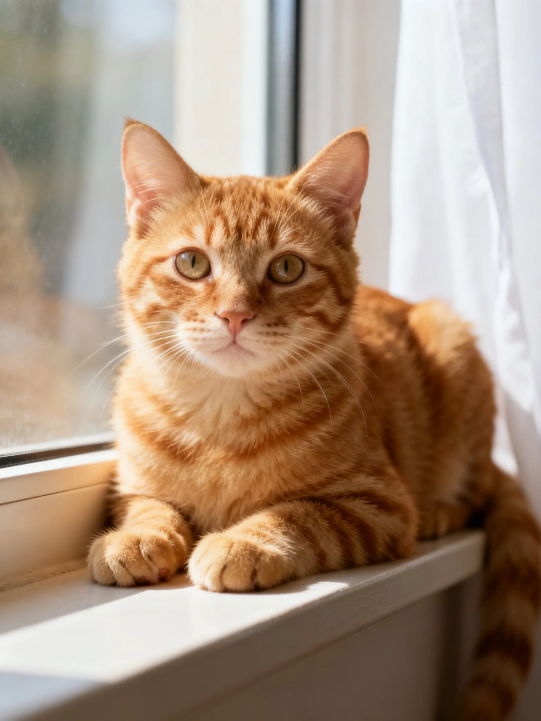 A golden-orange tabby cat resting on a sunlit windowsill