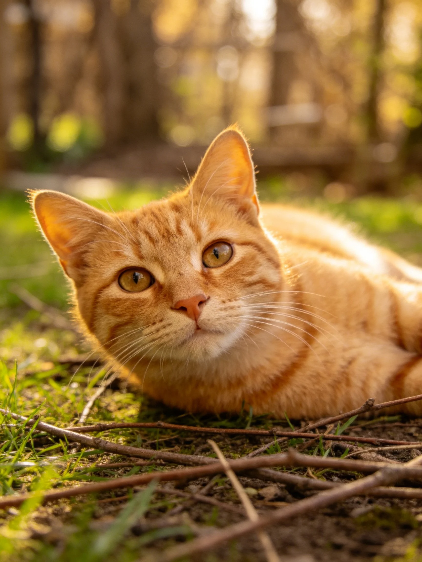 A golden-orange tabby cat resting on grassy ground in soft sunlight