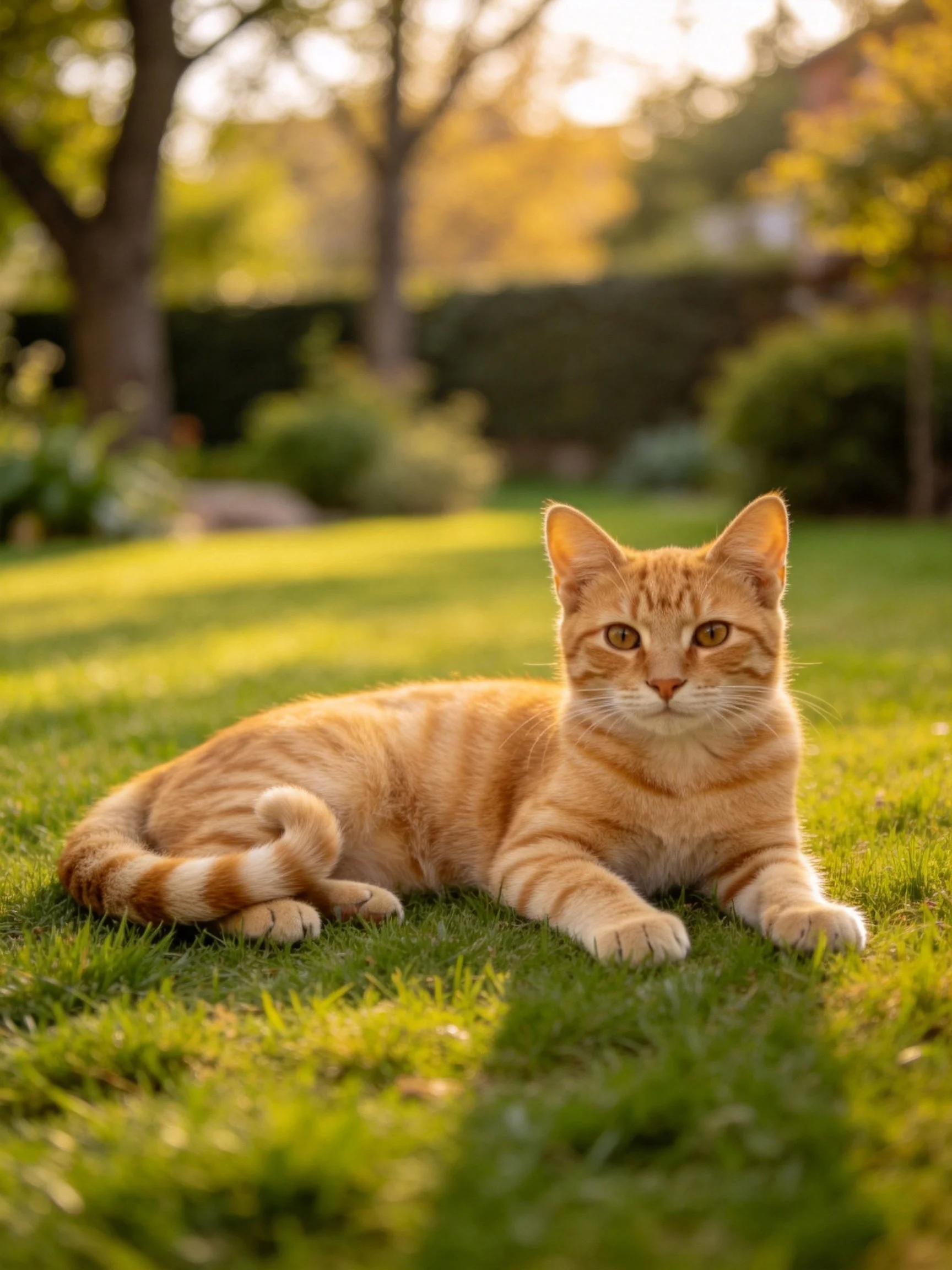 A golden-orange tabby cat resting on lush green grass in a sunlit garden