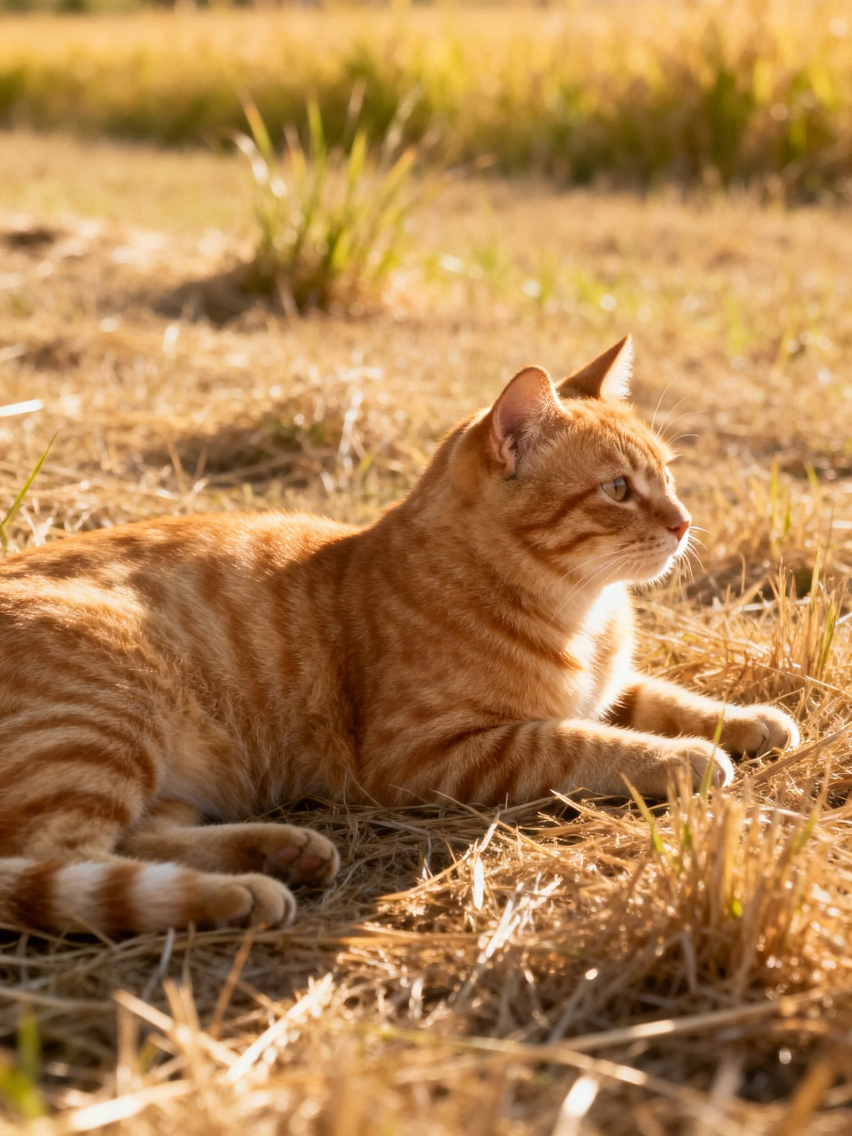 A golden-orange tabby cat resting on sunlit dry grass