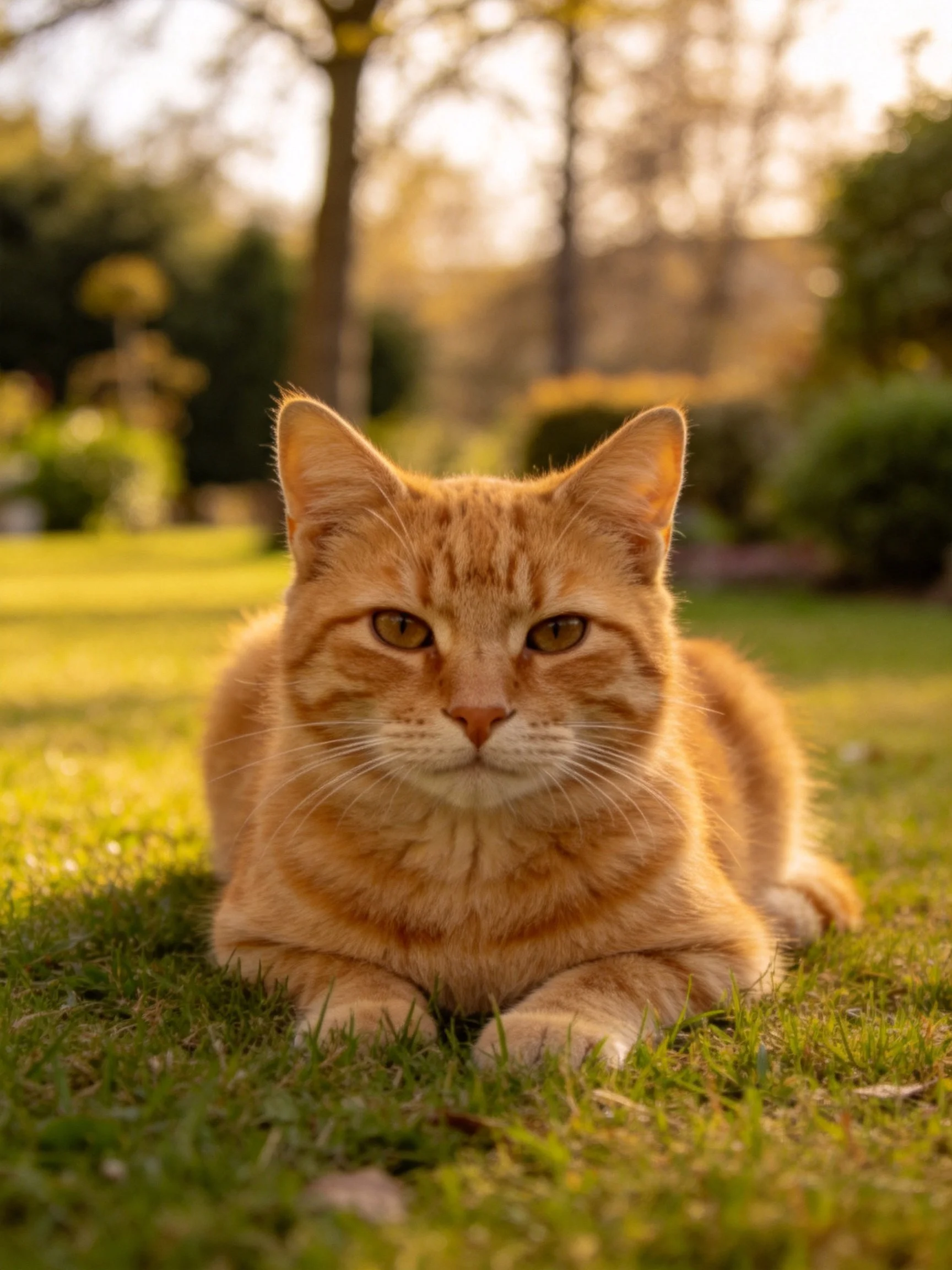 A golden-orange tabby cat resting on sunlit green grass