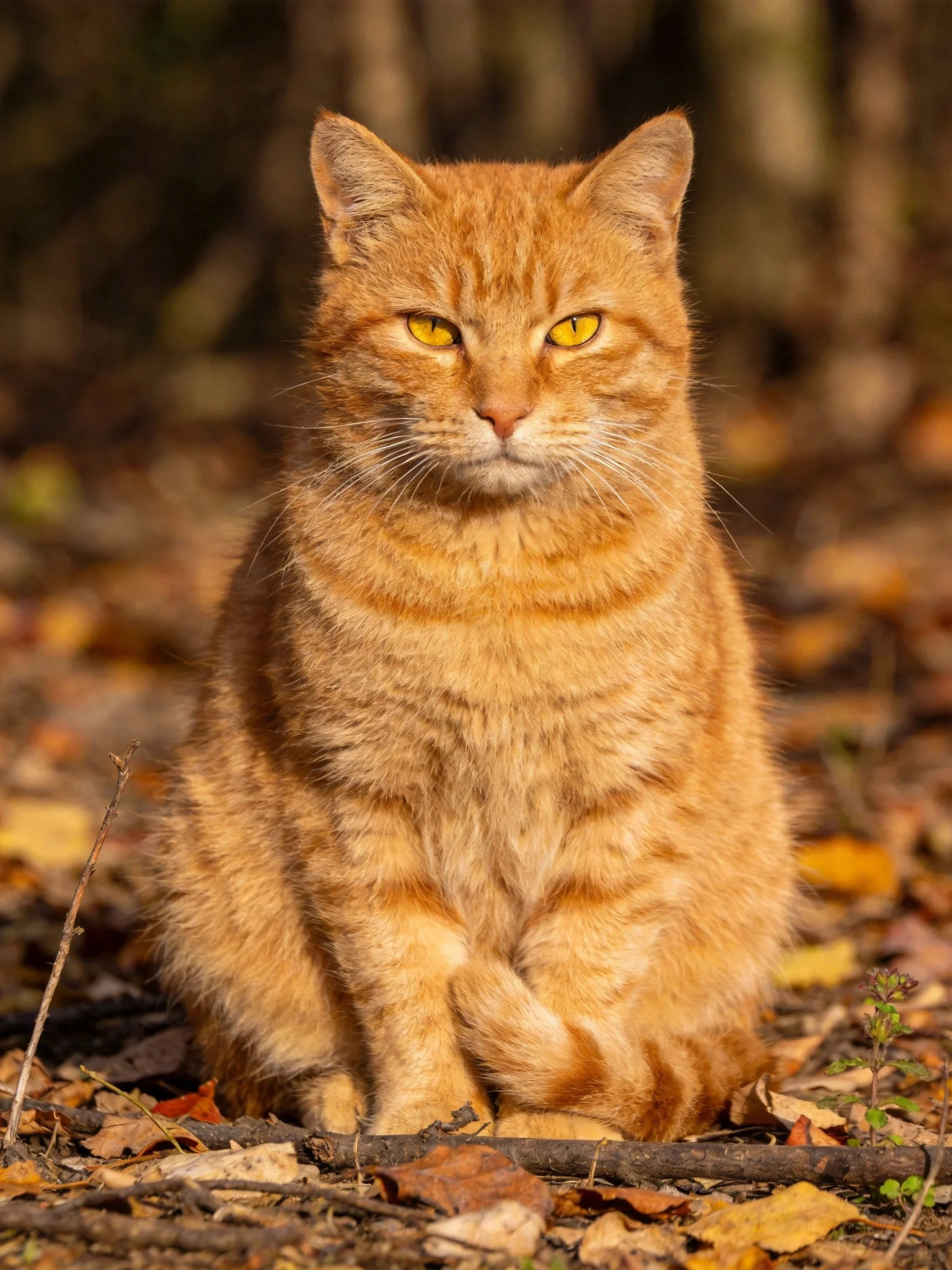 An orange tabby cat sits calmly among autumn foliage.