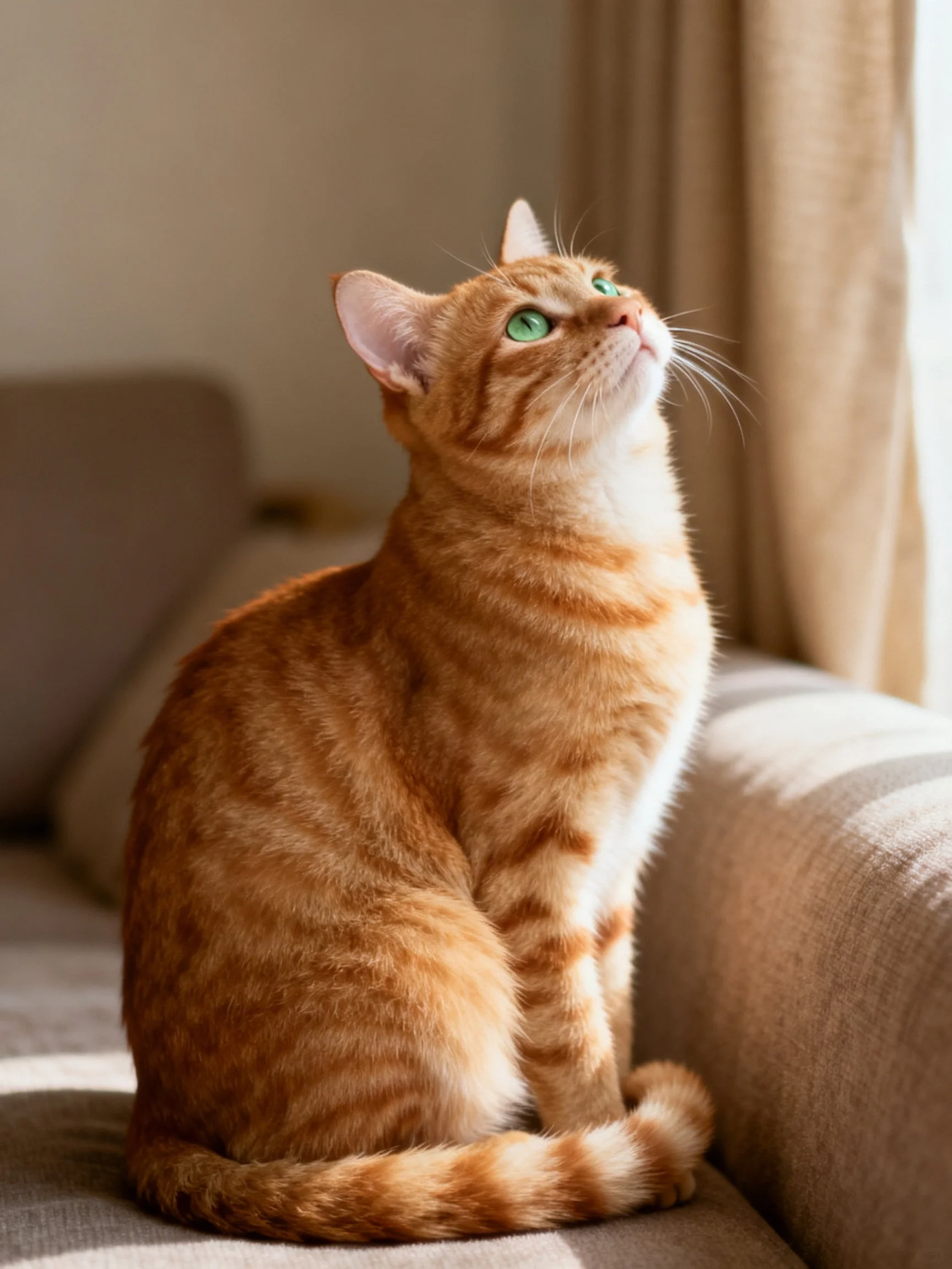 An orange tabby cat with green eyes rests near a sunlit window on a couch.