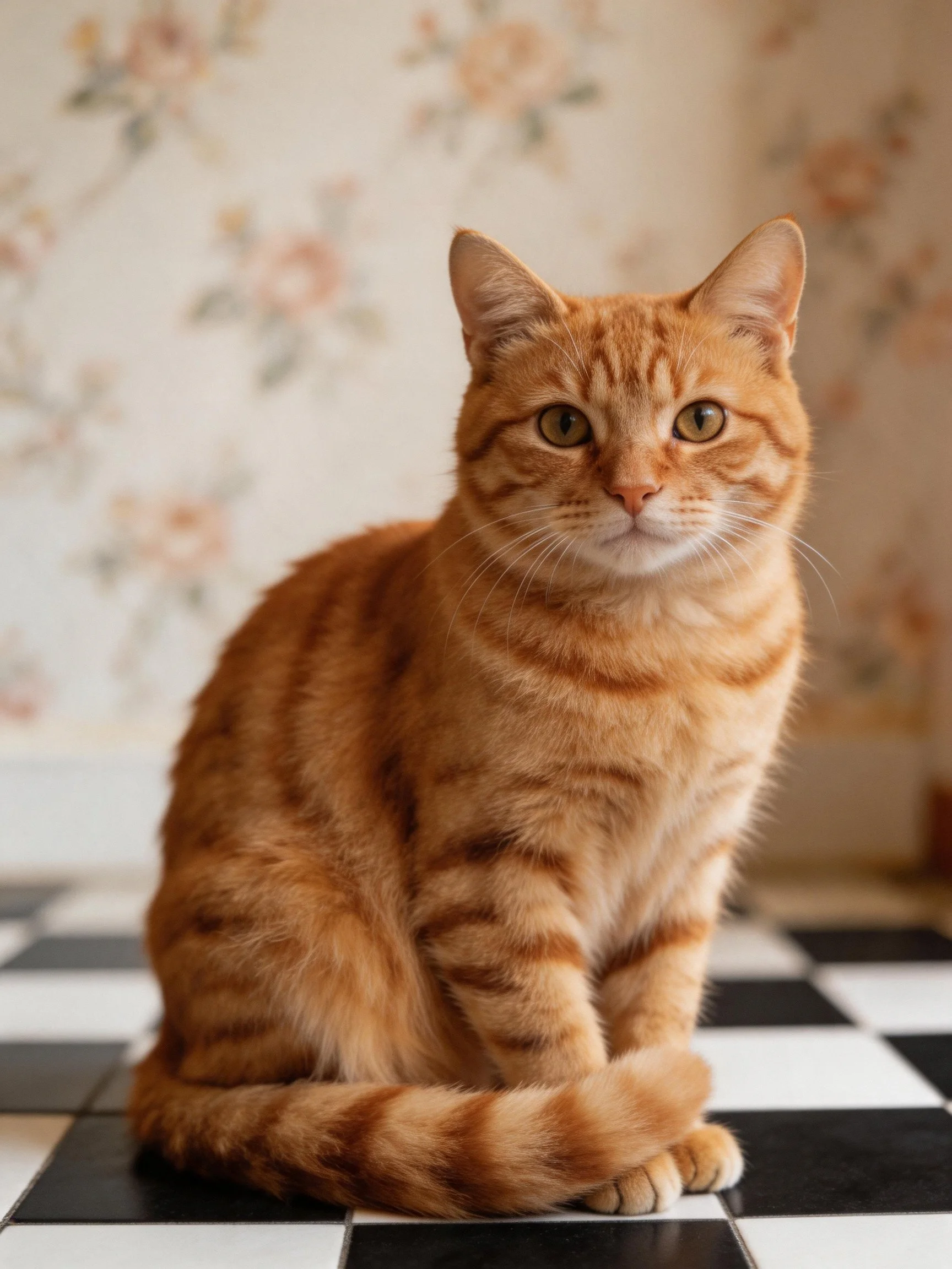 A golden-orange tabby cat sits on a black-and-white checkered floor with floral wallpaper.
