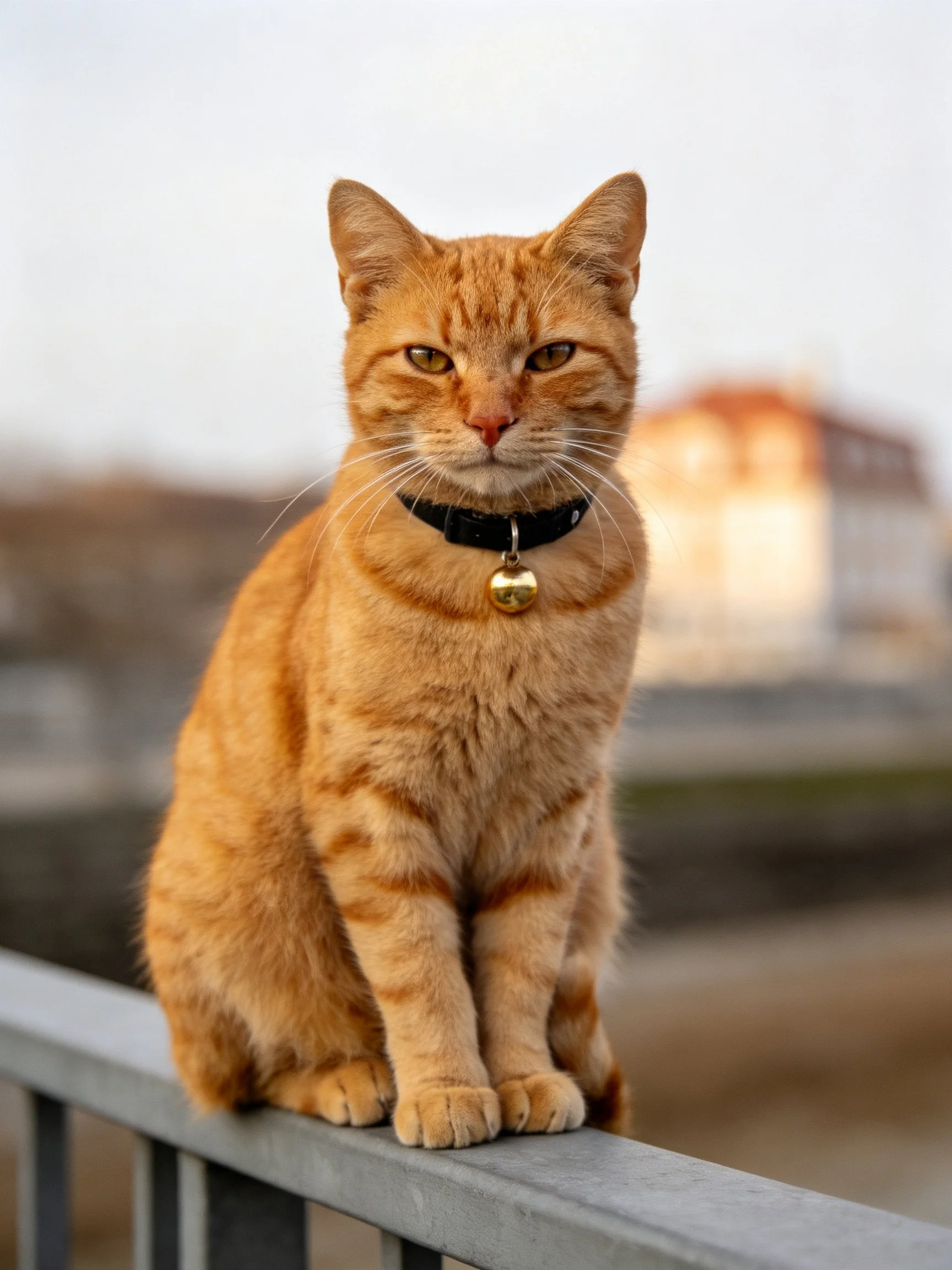 An orange tabby cat sits on a metal railing with a blurred building backdrop