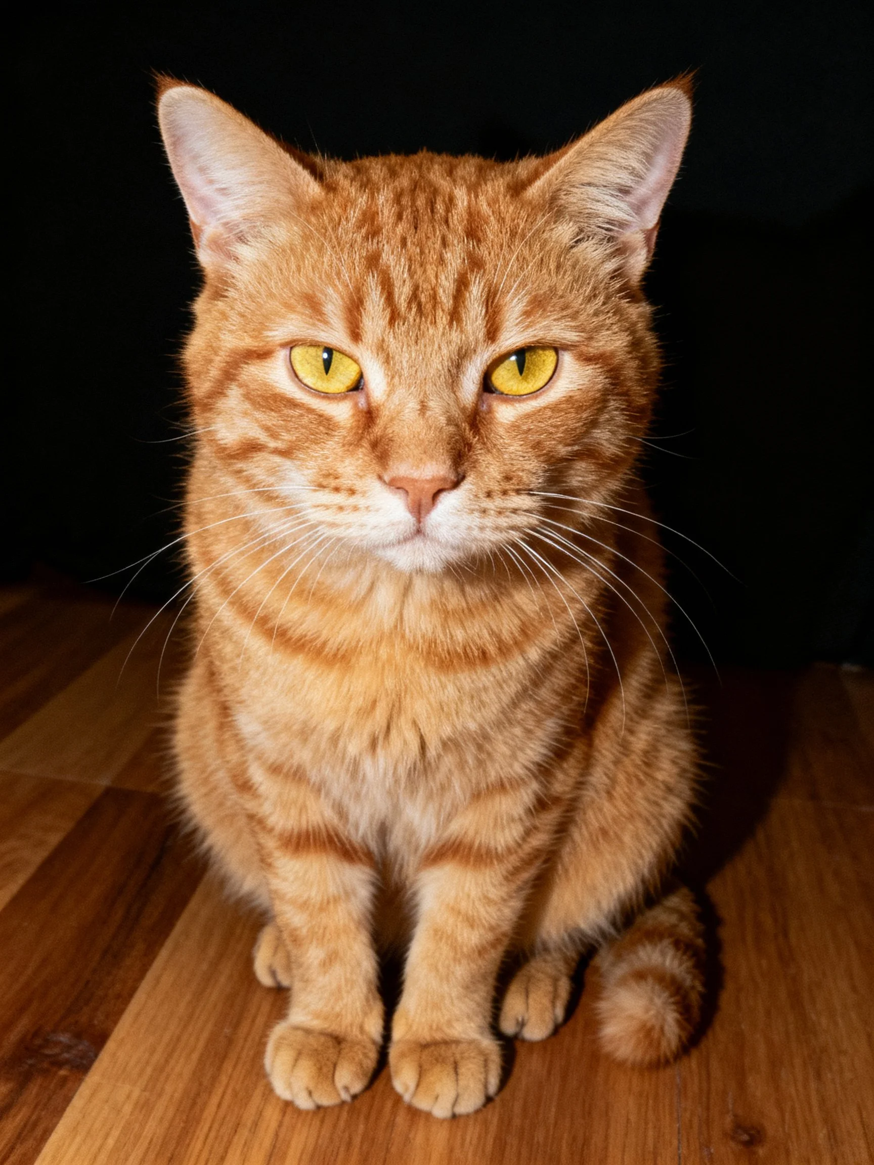 An orange tabby cat sits calmly on a wooden surface with a dark background.