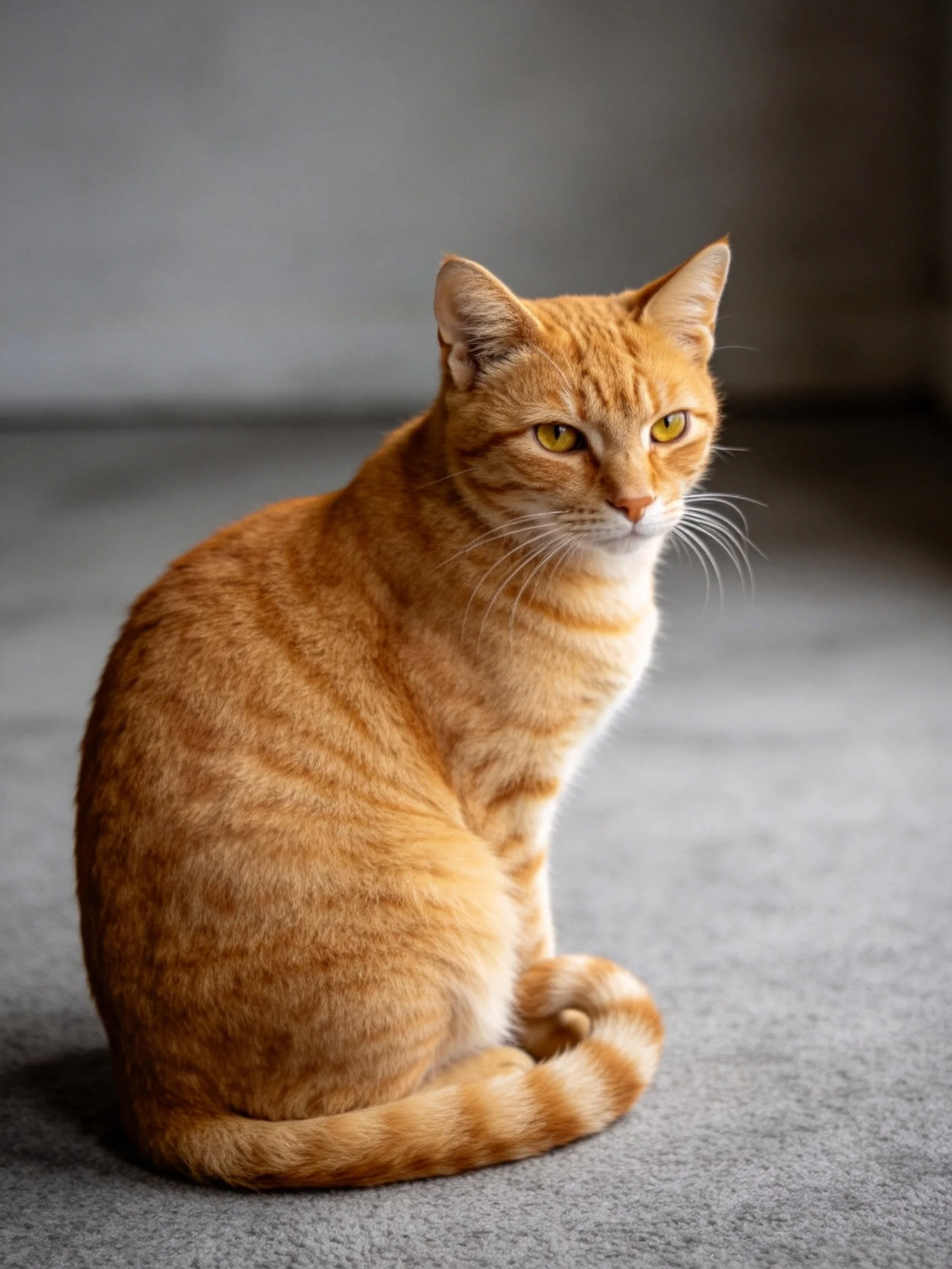 A golden-orange tabby cat sits calmly on a smooth gray carpet.