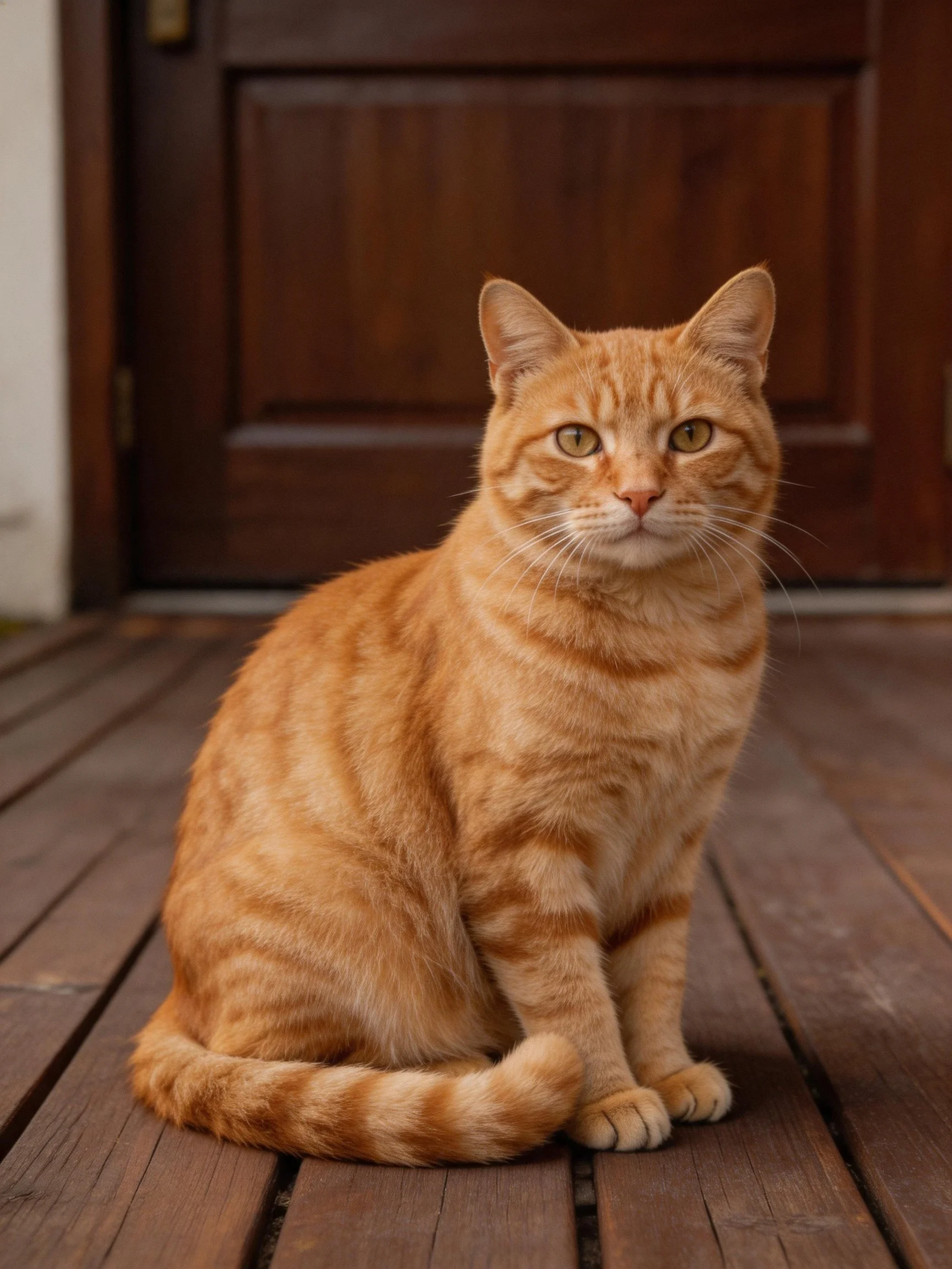 An orange tabby cat sits calmly on a wooden porch in front of a brown door.