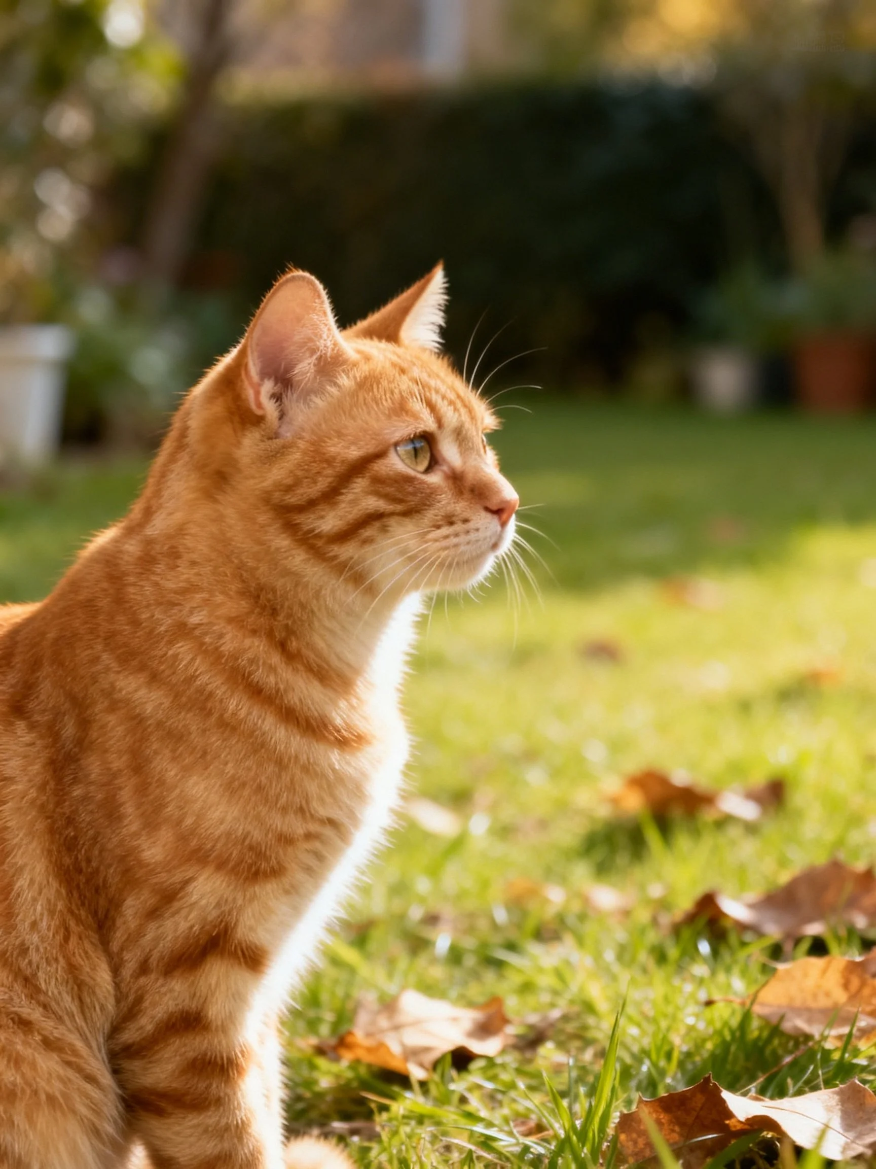 An orange tabby cat observes its surroundings on sun-dappled grass.