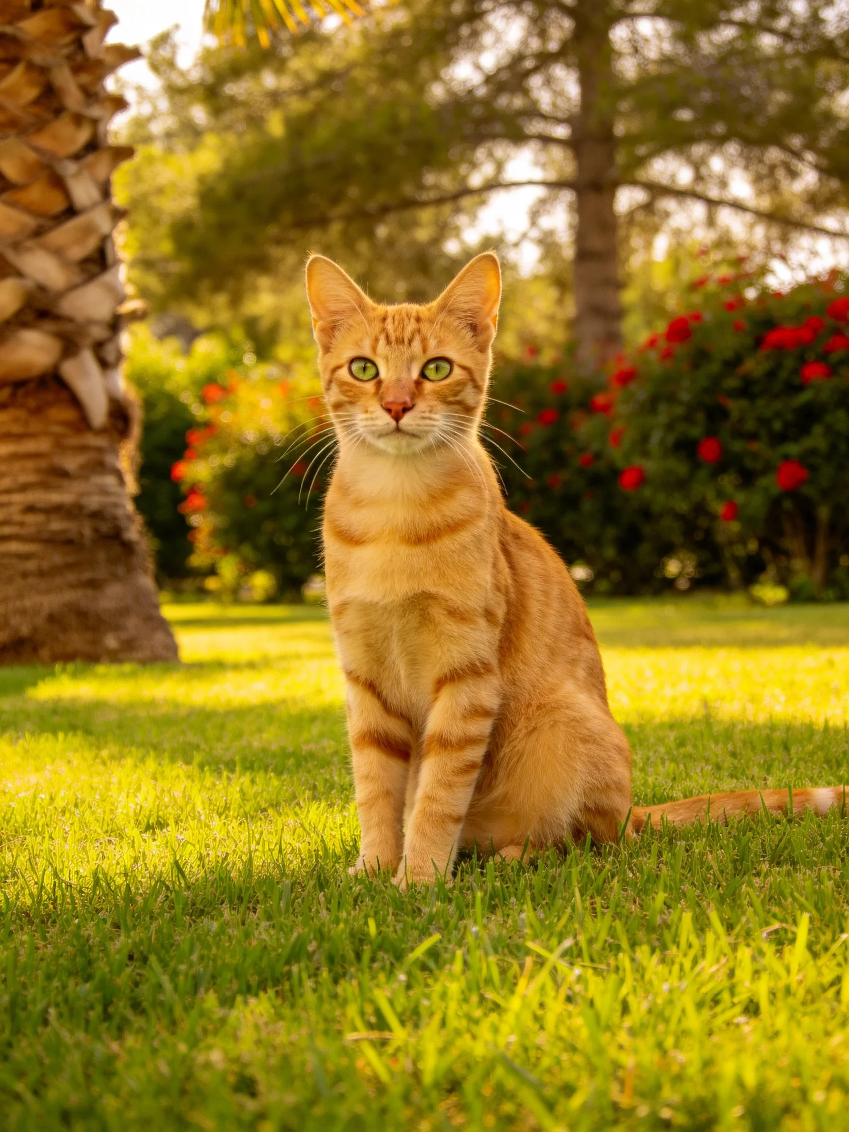 A golden-orange tabby cat sits on grass in a sunlit garden.