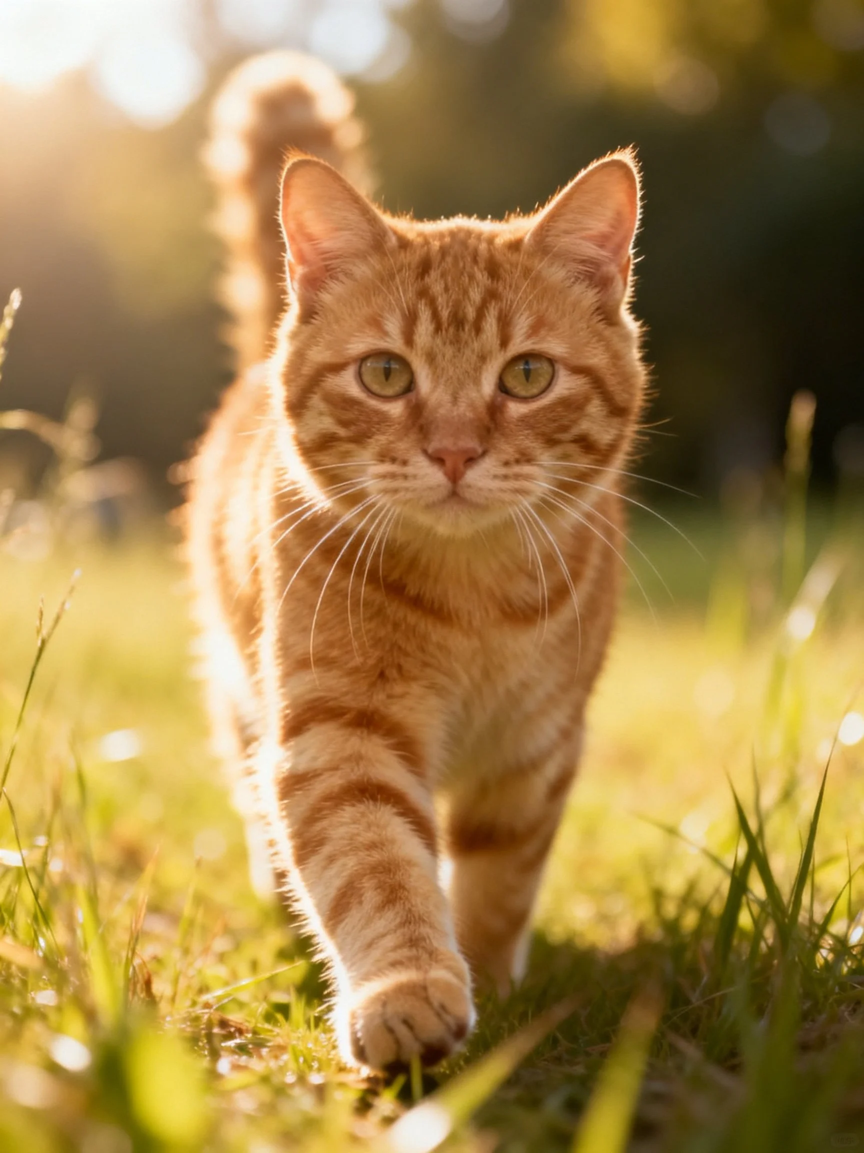 An orange tabby cat moves through sunlit grass in a natural outdoor area.