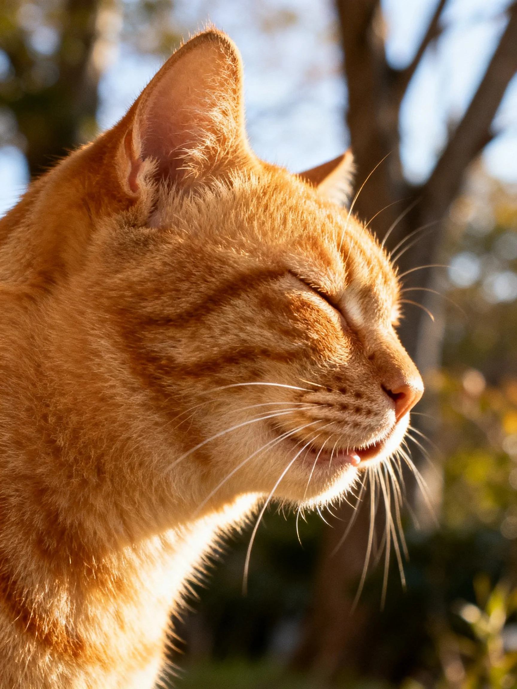 A golden-orange tabby cat closes its eyes while enjoying sunlight outdoors.