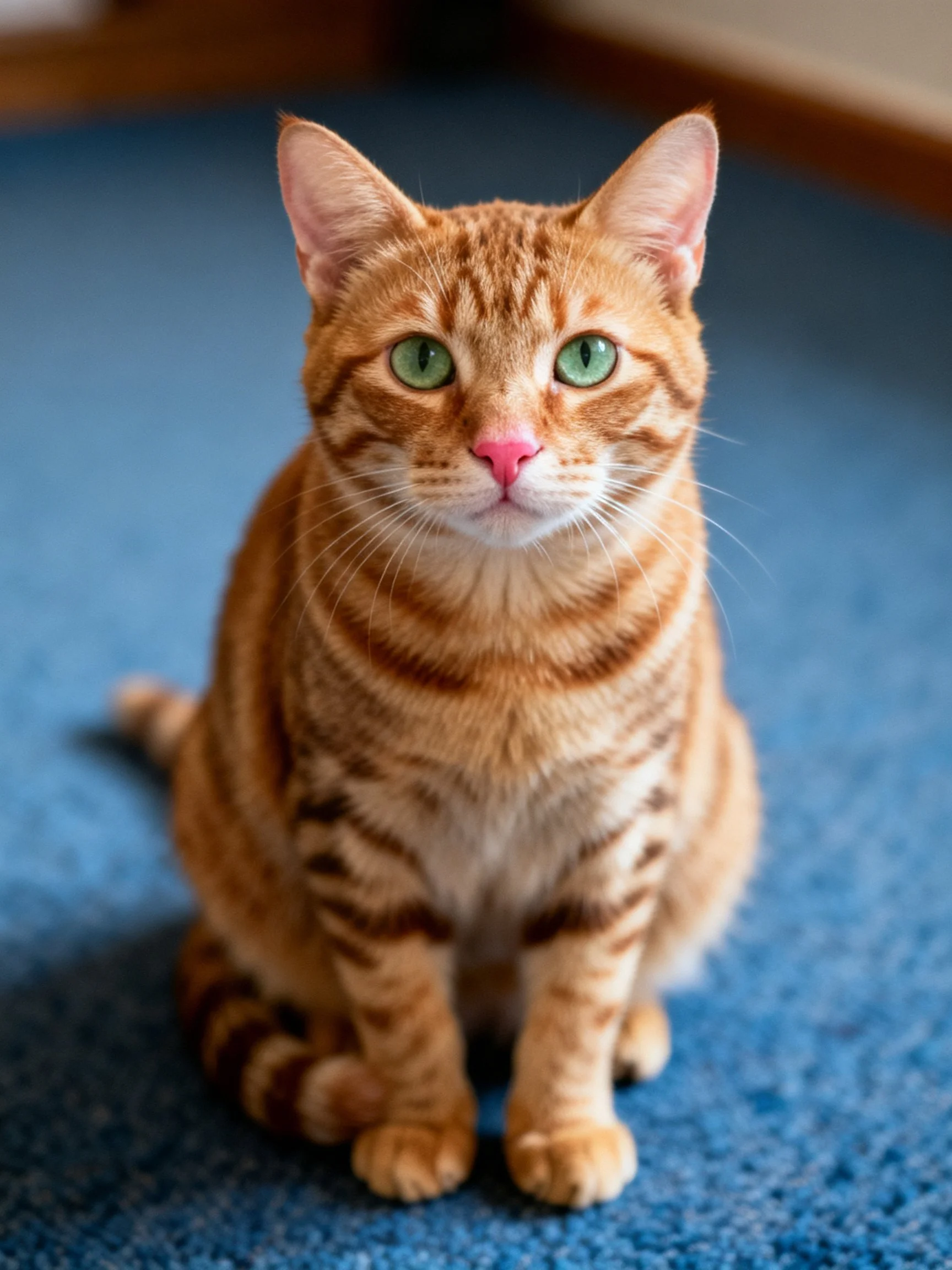 An orange tabby cat with green eyes sits calmly on a blue carpet indoors.