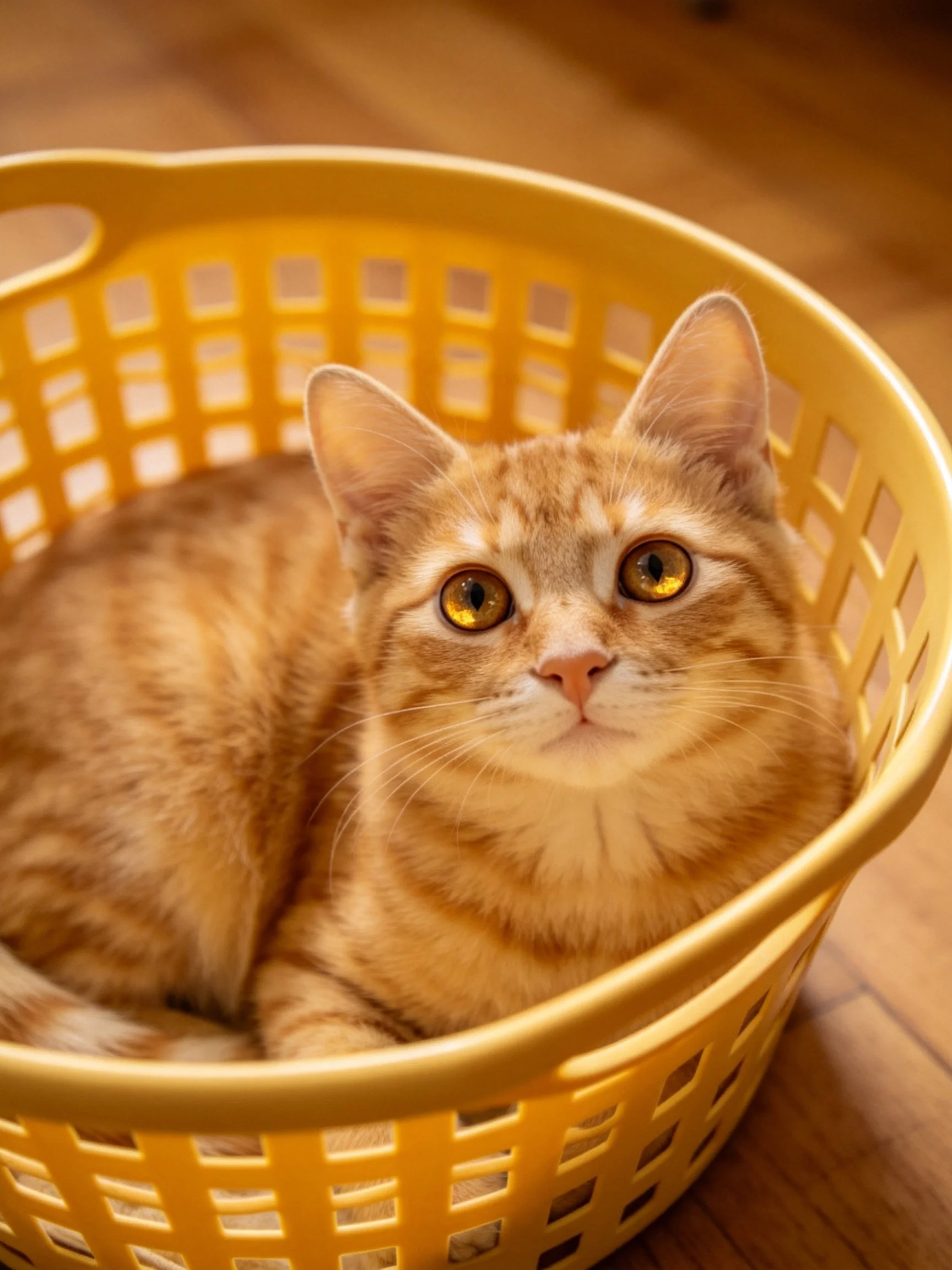 A golden-orange tabby kitten nestled in a bright yellow plastic basket