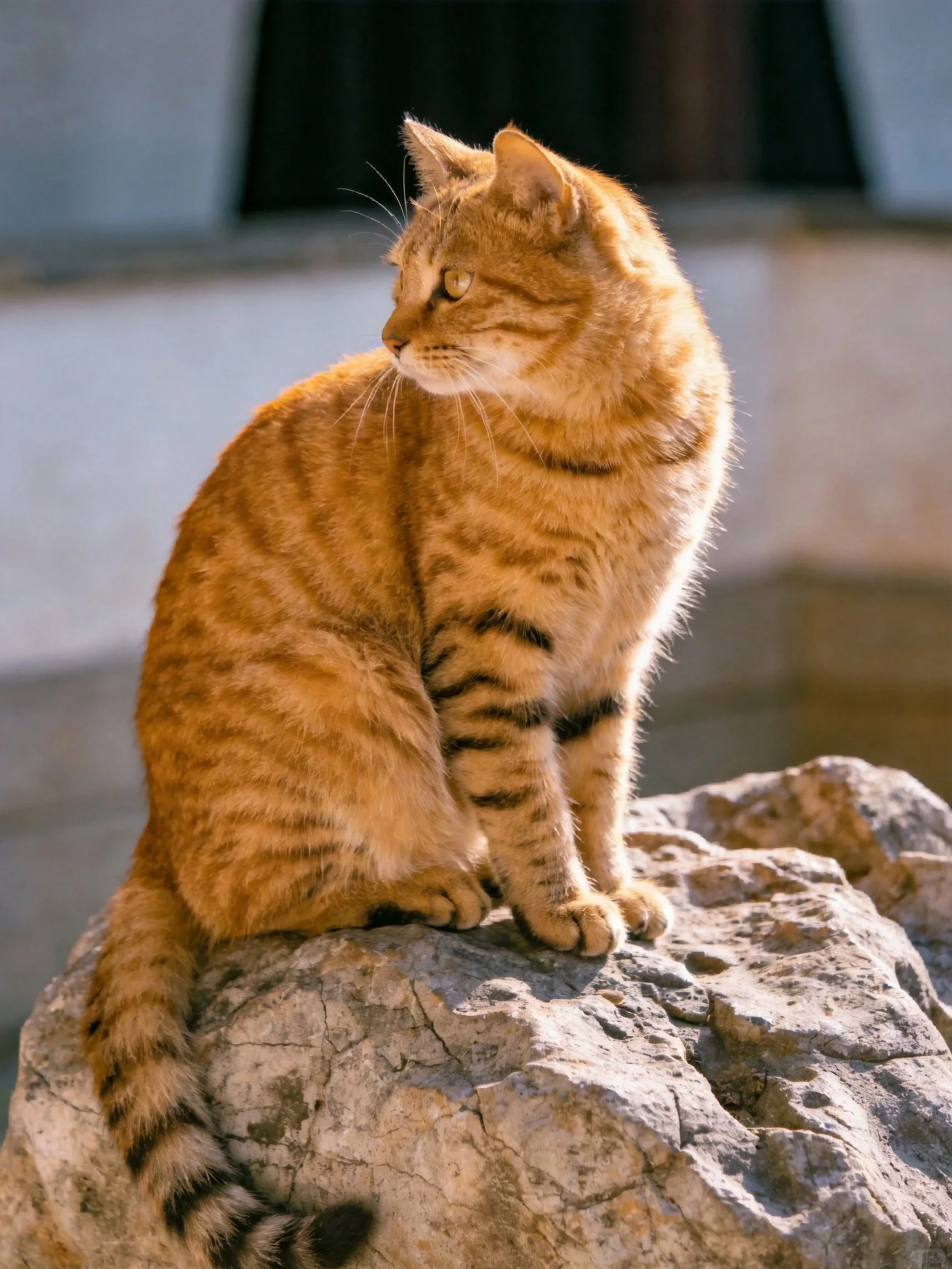 A golden tabby cat perches on a rugged stone formation