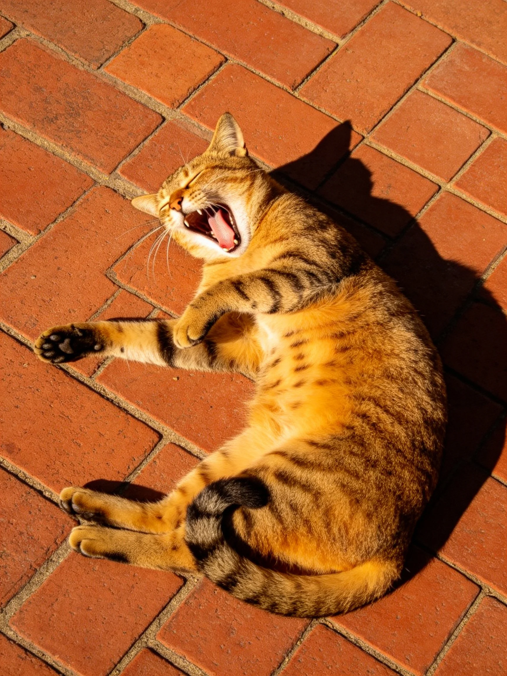 A golden tabby cat yawning on reddish-brown brick pavement