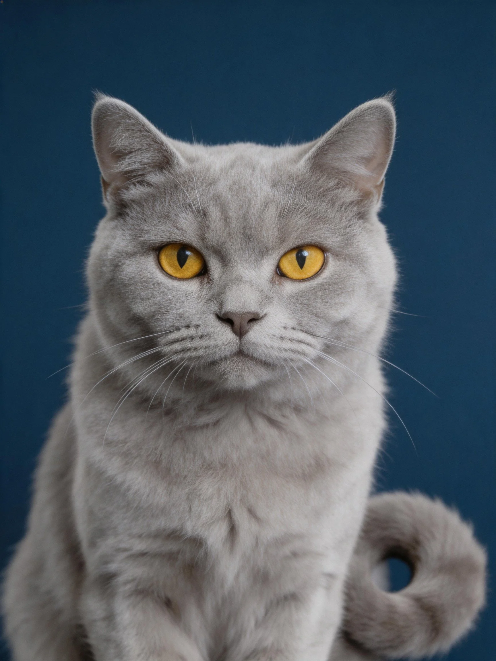 A gray British Shorthair cat with yellow eyes rests against a dark blue background.