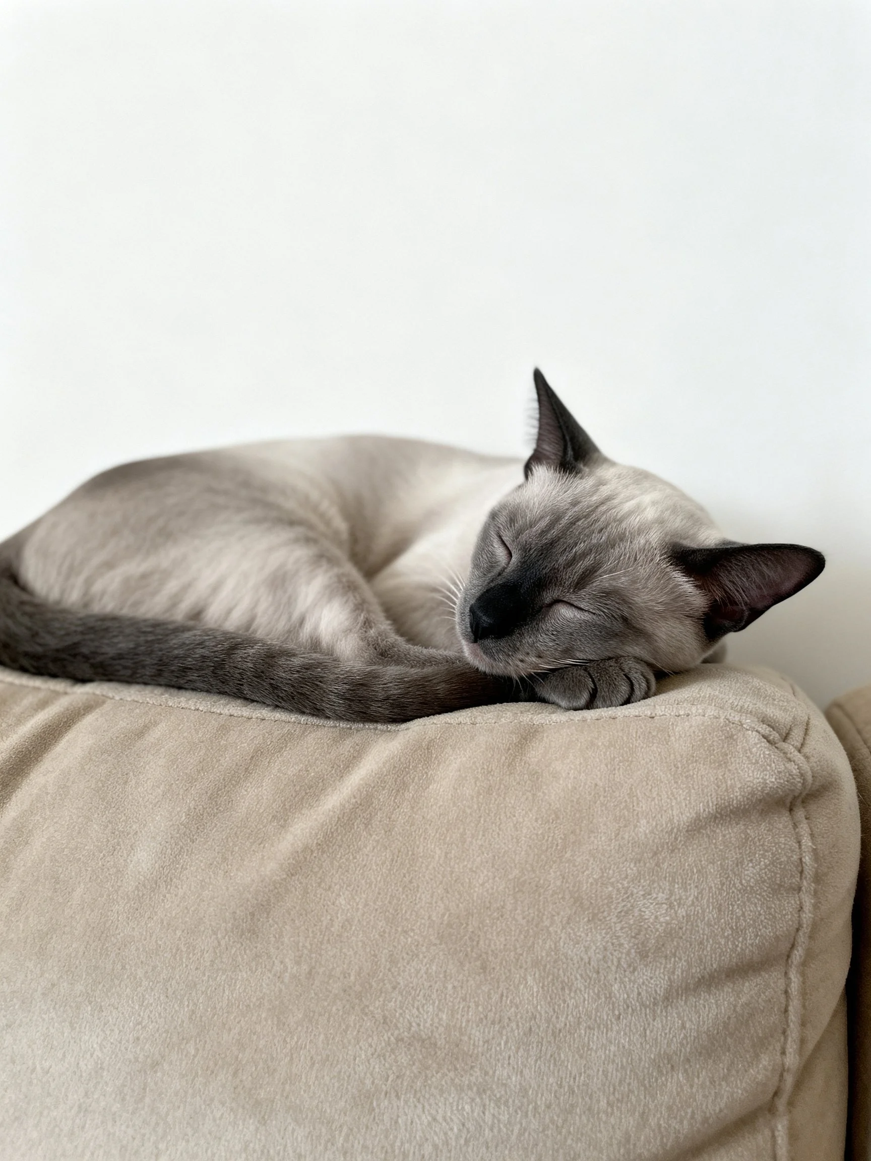 A gray Siamese cat napping on a beige couch