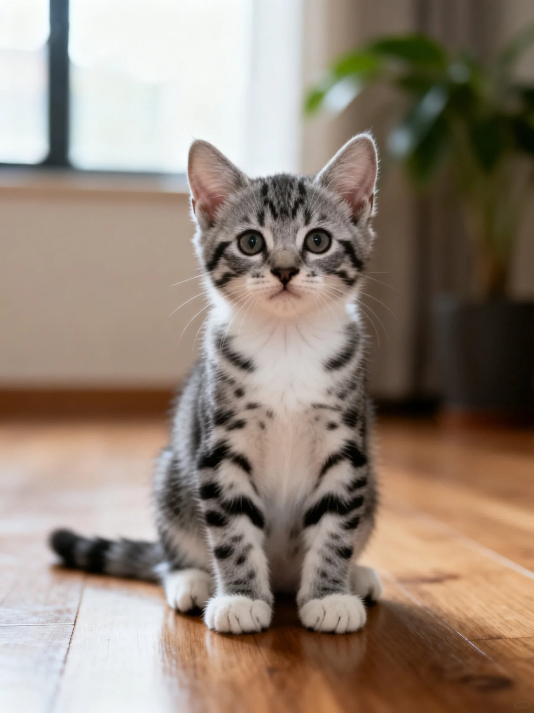 A small spotted kitten sits attentively on a polished wooden floor indoors.